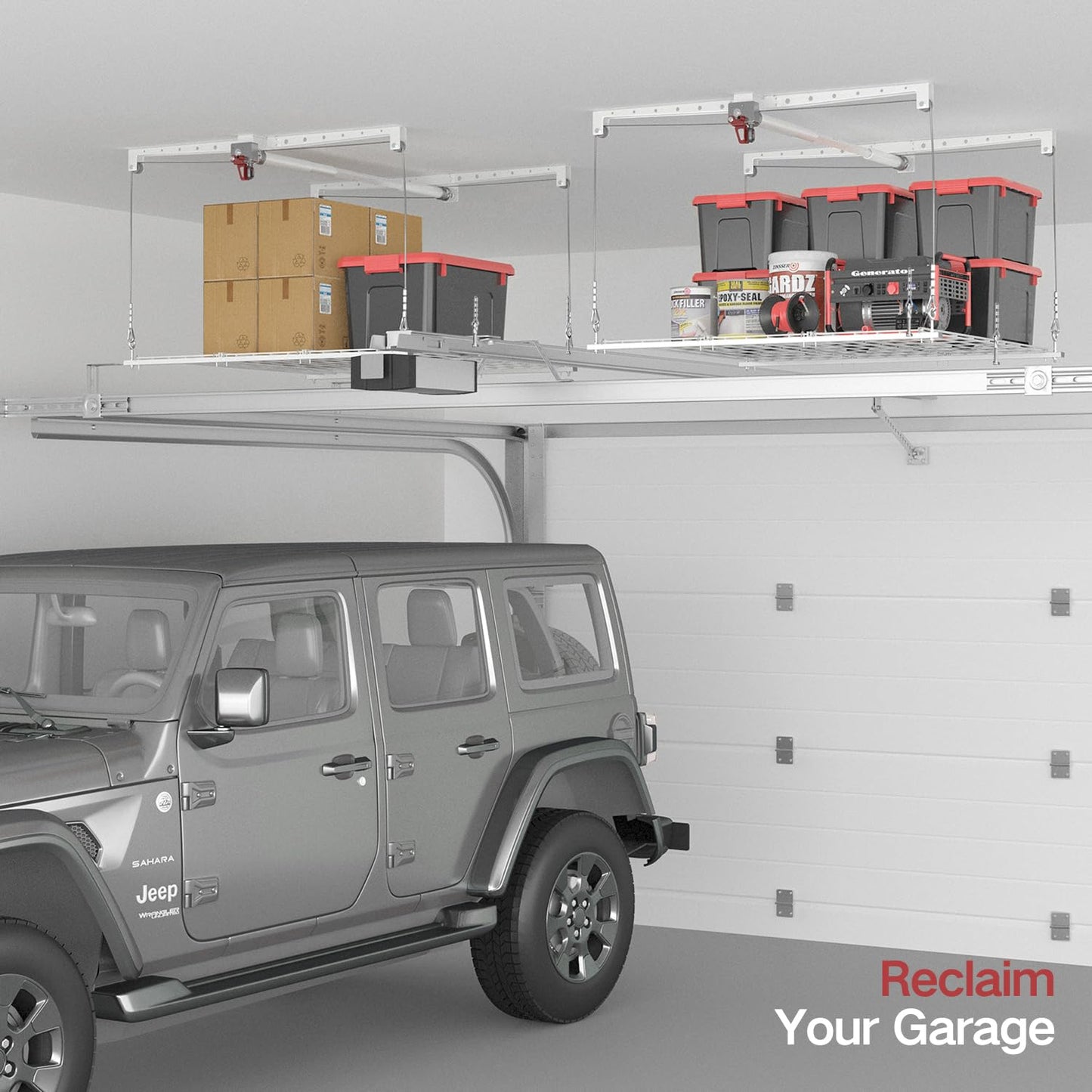 KOKORACKER Overhead Garage Storage Rack, Adjustable Heavy-duty 4x4 Ft Ceiling Storage Racks with Safety Lock, Ideal for Garage Storage Lifting Organization System, 250lbs Capacity, White