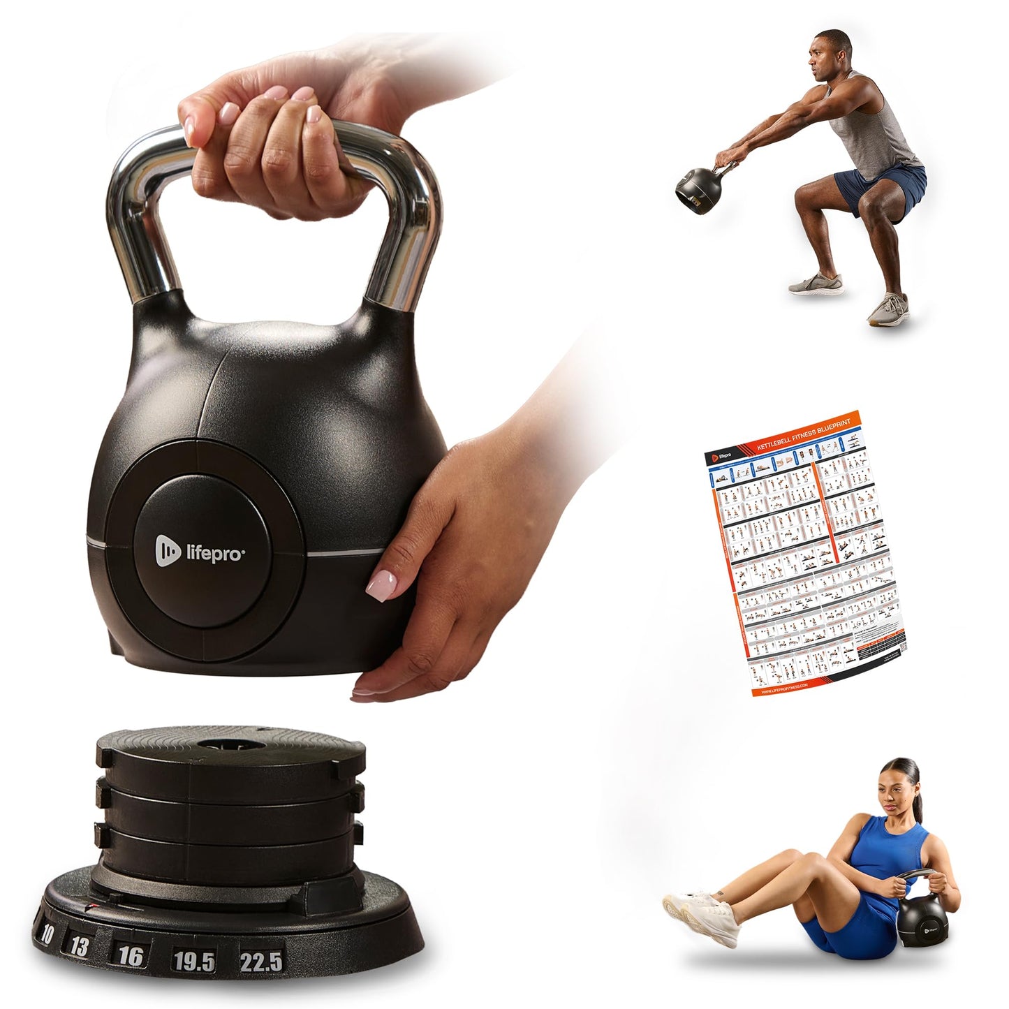 LifePro 7-in-1 Adjustable Kettlebell, 3.5–22.5 LB – PowerStone, Die-Cast Aluminum & Steel, Space-Saving Set with Handle-Twist Adjustment – Strength Training Kettlebell with Storage Base