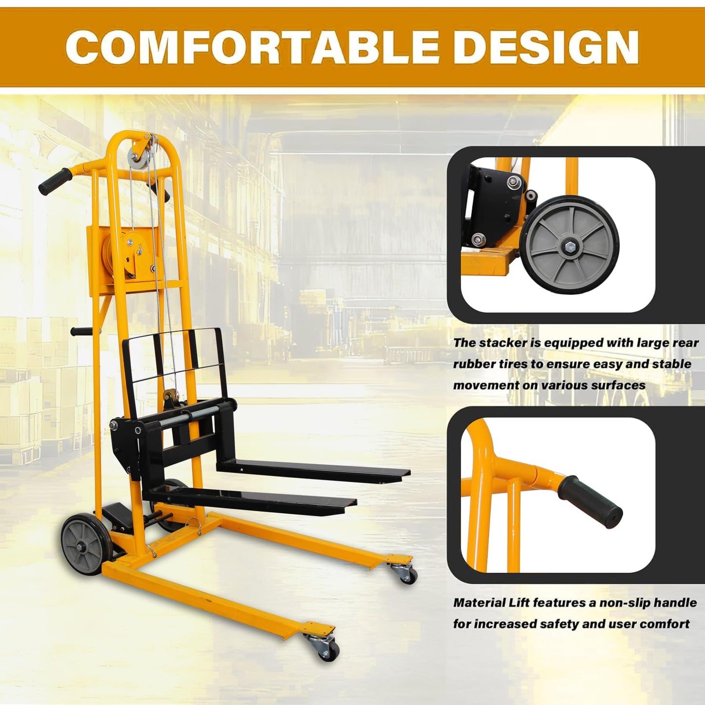 APOLLOLIFT Material Lift Winch Stacker, 500 lbs Capacity 41.4" Lifting Height, Manual Stacker Pallet Jack Truck Dolly with Swivel Casters and Lift Plate(Yellow)