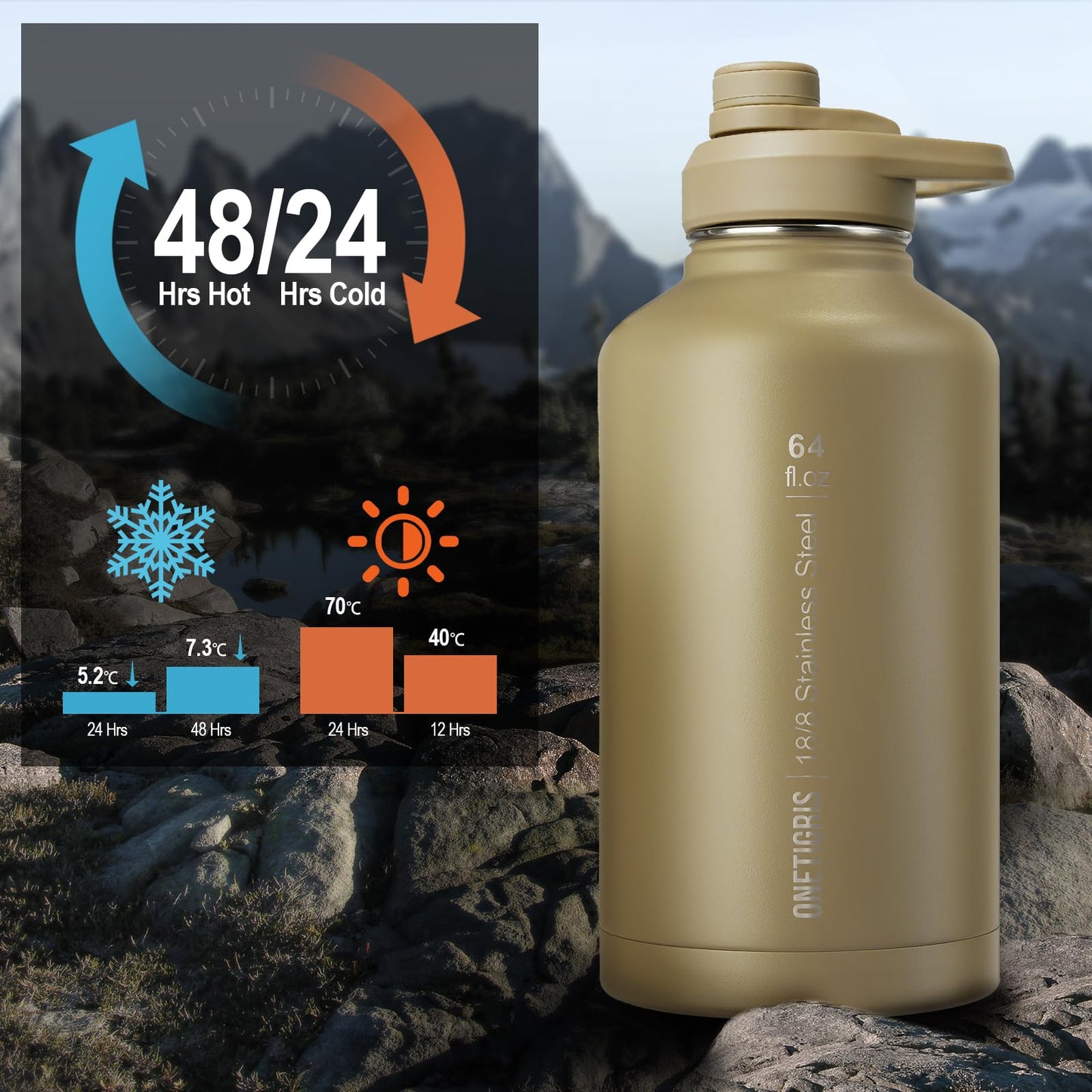 ONETIGRIS Tactical Half Gallon Water Bottle with Straw - 64 oz Vacuum Insulated Stainless Steel Water Jug, Leakproof Sport Bottle with 3 BPA Free Lids, Paracord Handle & MOLLE Water Pouch for Outdoor