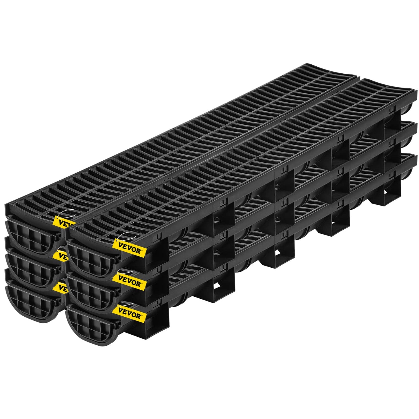 VEVOR Trench Drain System 6 Pack, Channel Drain with Plastic Grate 5.8 x 3.1 in HDPE Drainage Trench, Black Plastic Garage Floor Waterway 6 x 39 in with 6 End Caps for Garden Driveway