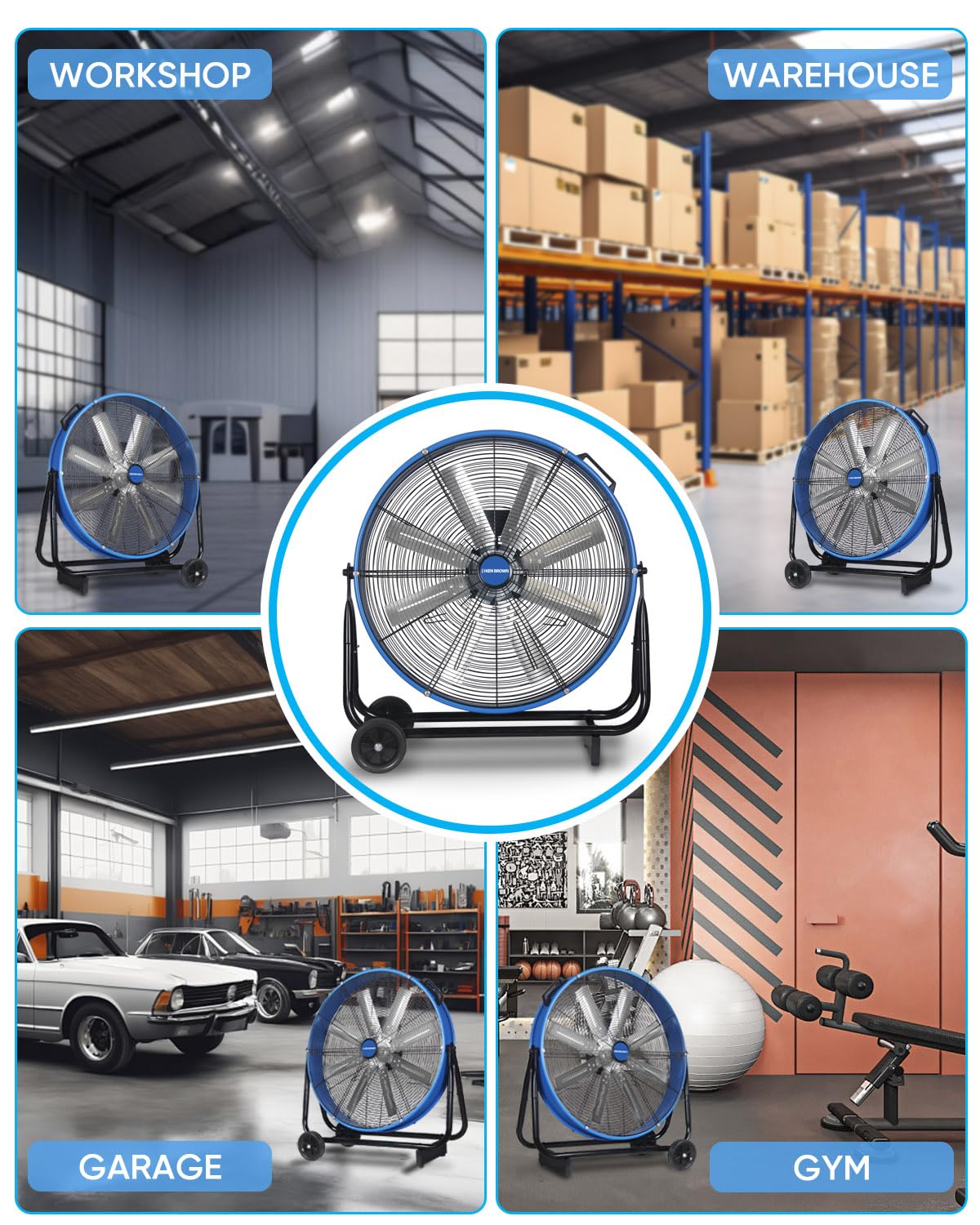 KEN BROWN 24 Inch Industrial Drum Fan, High Velocity Floor Shop Fan, Heavy Duty, 9500 CFM, 8 Blades, 3 Speeds, 360 Degree Tilt, Ideal for Industrial, Commercial, Gym, Garage Use, Blue