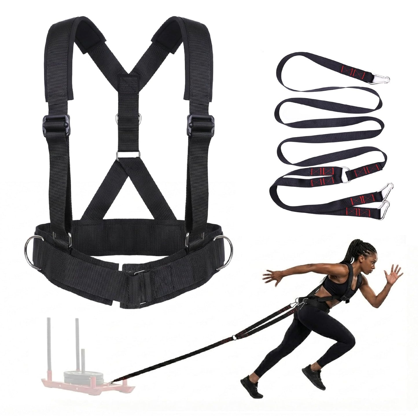 J Bryant Sled Pull Harness System with Y-Shaped Pull Strap, Adjustable Harness with D-Rings, Non-Slip Waist Belt for Strength, Speed & Resistance Training