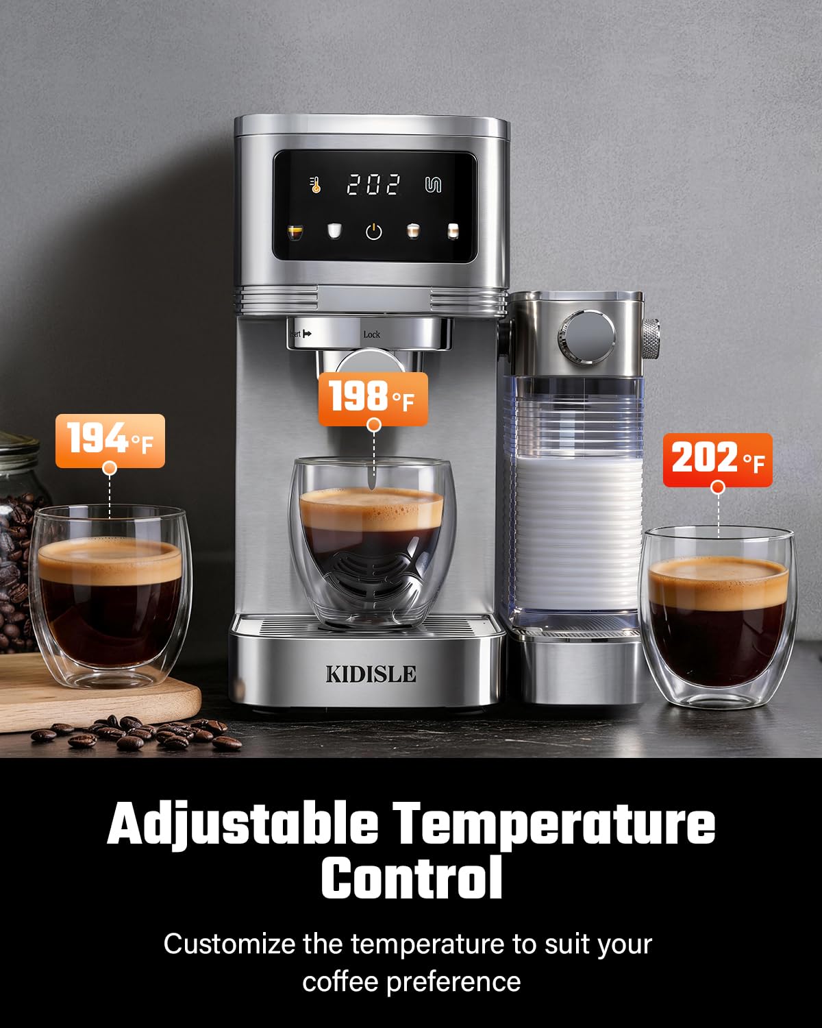 KIDISLE 20 Bar Espresso Machine with Automatic Milk Frother, Cappuccino & Latte Maker, Dual Boiler Coffee Machine (1350W + 1000W), 44oz Water Tank, 24oz Milk Reservoir, Touchscreen, Stainless Steel