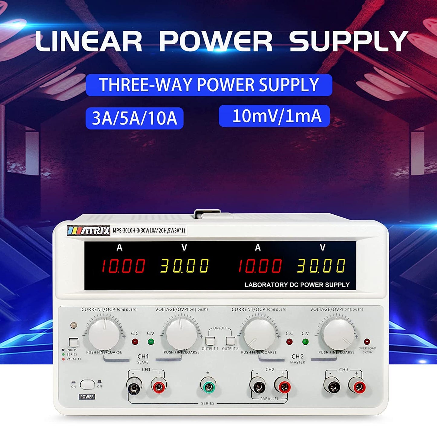 Dc Power Supply Variable 30V 10A, Triple Output Power Supply 615W, MATRIX MPS-3010H-3 Adjustable Linear DC Bench Power Supply 10mV/1mA High Resolution, Voltage/Current Display in Series/Parallel Mode
