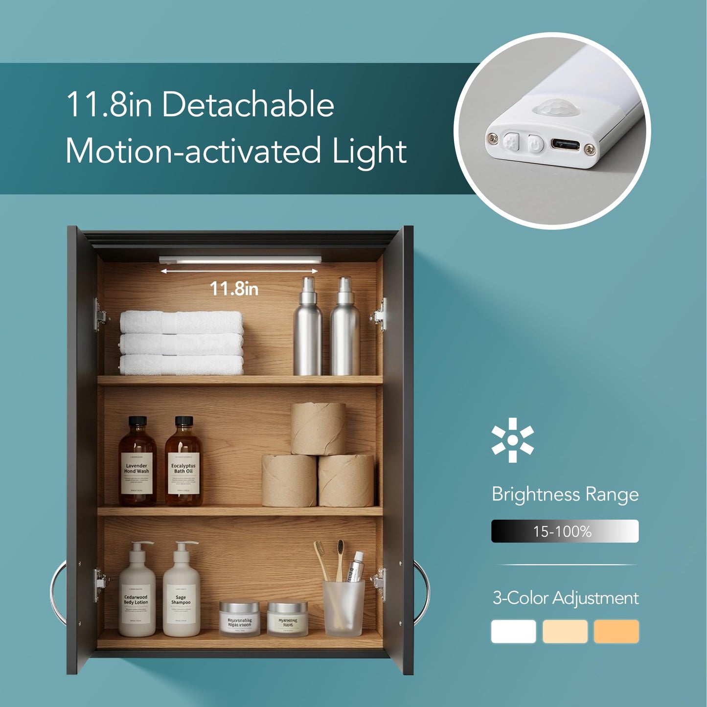 VANIRROR 23x30 Wall Mounted Bathroom Cabinet with Motion Sensor Light, Over The Toilet Medicine Cabinet Storage, 2-Door Black Wood Kitchen Cupboard with Adjustable Shelves & Soft Close Hinges