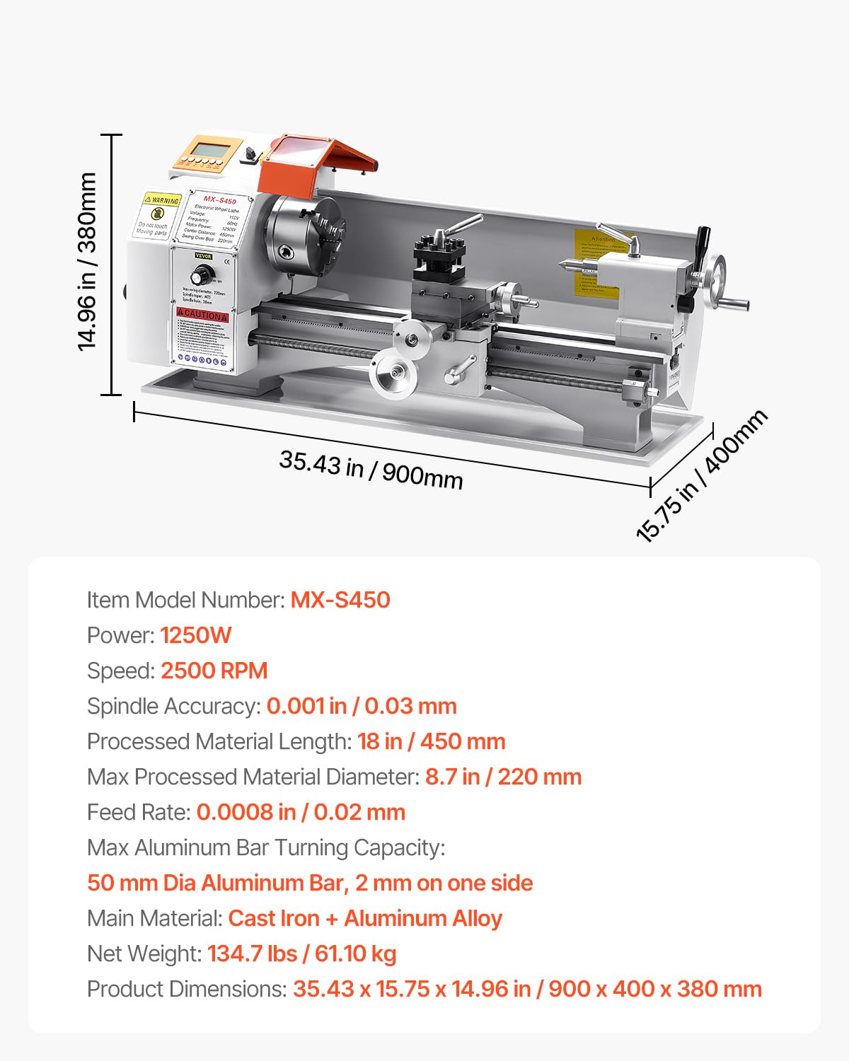 VEVOR Metal Lathe Machine, 8.7 x 18 in, Precision Bench Power Metal Lathe, Automatic Feed, 0-2500 RPM Variable Speed, 1250W Brushless Motor, for Processing Precision Parts Soft Metals Wood Plastics