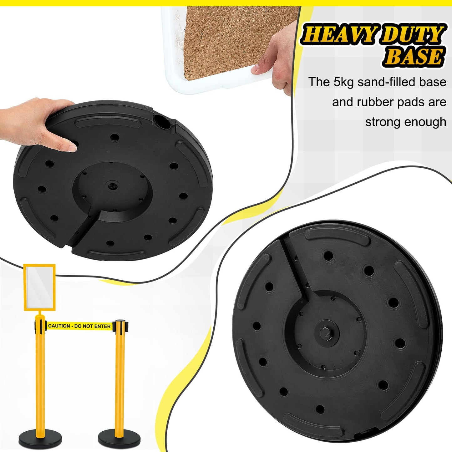 Therwen 6 Pack Heavy Duty Crowd Control Stanchions 9.8 ft Stainless Steel Stanchion Set with 6 Safety Barrier Post Retractable Belt and 1 Sign Holder Crowd Control Barrier(Caution Belt,Yellow)