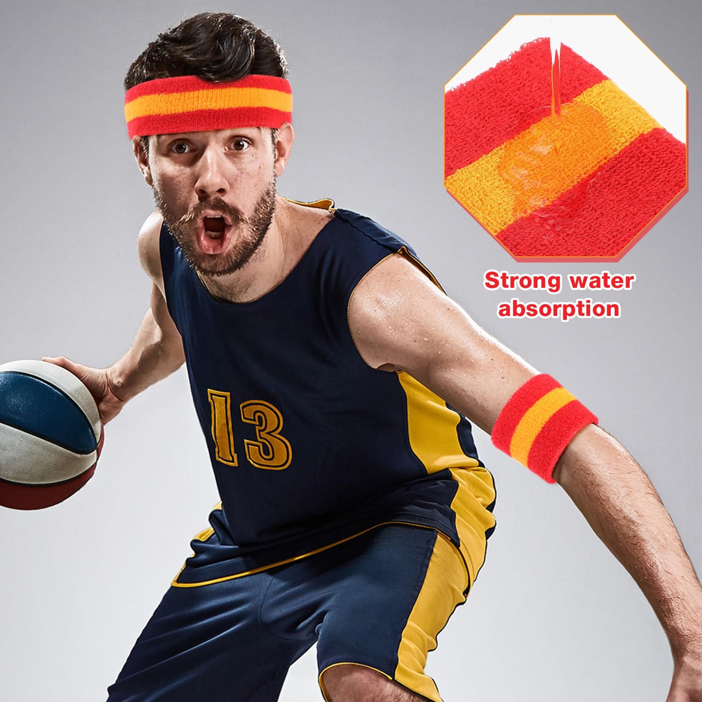 Eurzom 36 Pcs Sweatband Set - 12 Sweat-Absorbing Headbands and 24 Cotton Wristbands for Men, Women, Gym, Sports (Red, Yellow)
