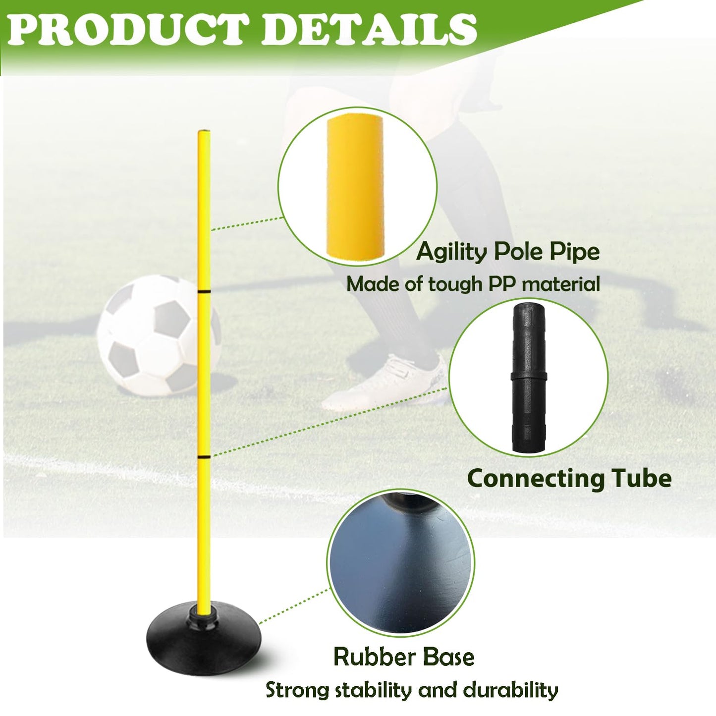 ASENVER 4FT Agility Poles Set Detachable Speed Training Poles Soccer Slalom Sticks with Agility Ladder and Cones (4 pcs, Yellow)