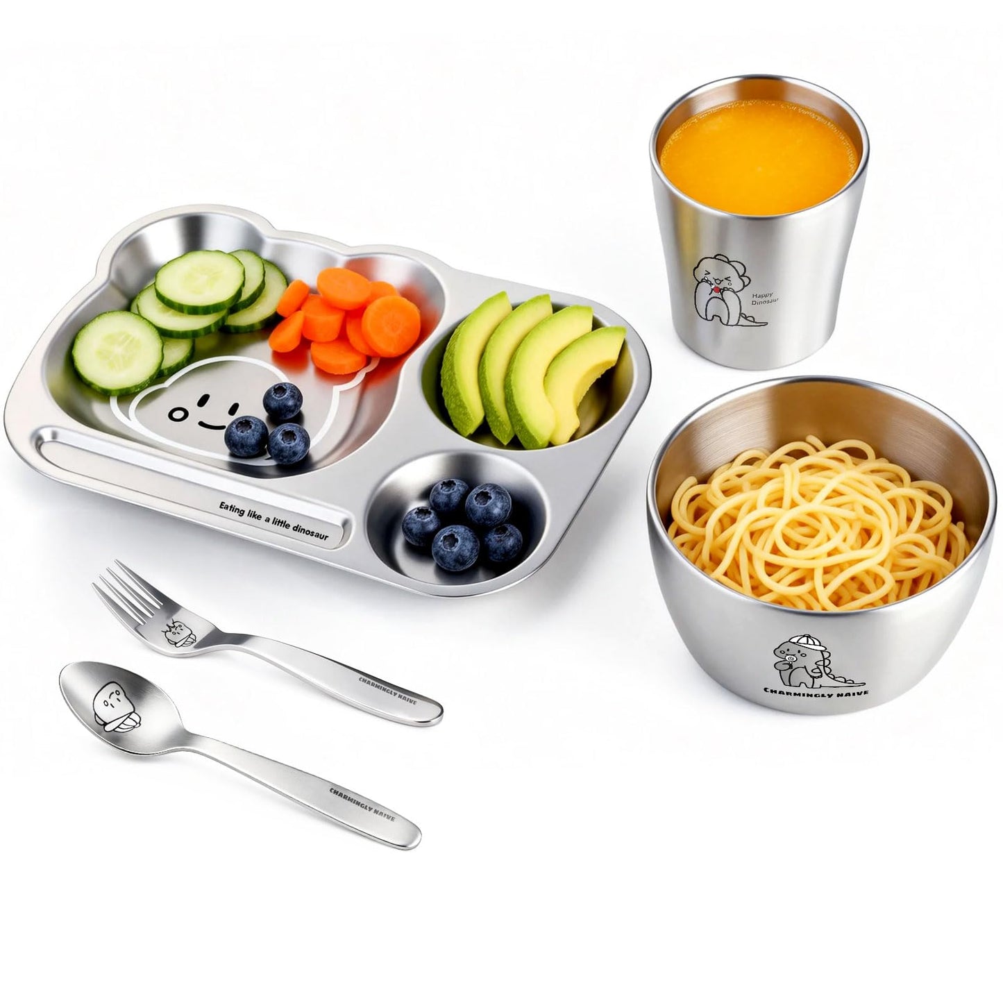Greentainer Stainless Steel Kids Dinnerware Set, Unbreakable 304 Steel Toddler Plate with 3 Compartments, Baby Led Weaning Bowl, Cup, Fork & Spoon, Dishwasher Safe, BPA Free, Drop Proof for Boy & Girl