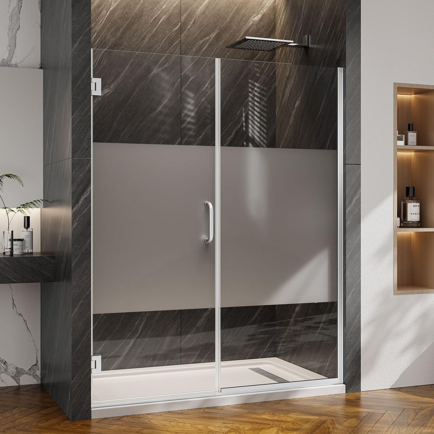 Pivot Swing Shower Door, Adjustable Width 59-60" W x 74" H Semi-Frameless Shower Glass Door with 5/16 in Clear SGCC Middle Frosted Tempered Glass with Nano Easy-Clean Coating (Brushed Silver)