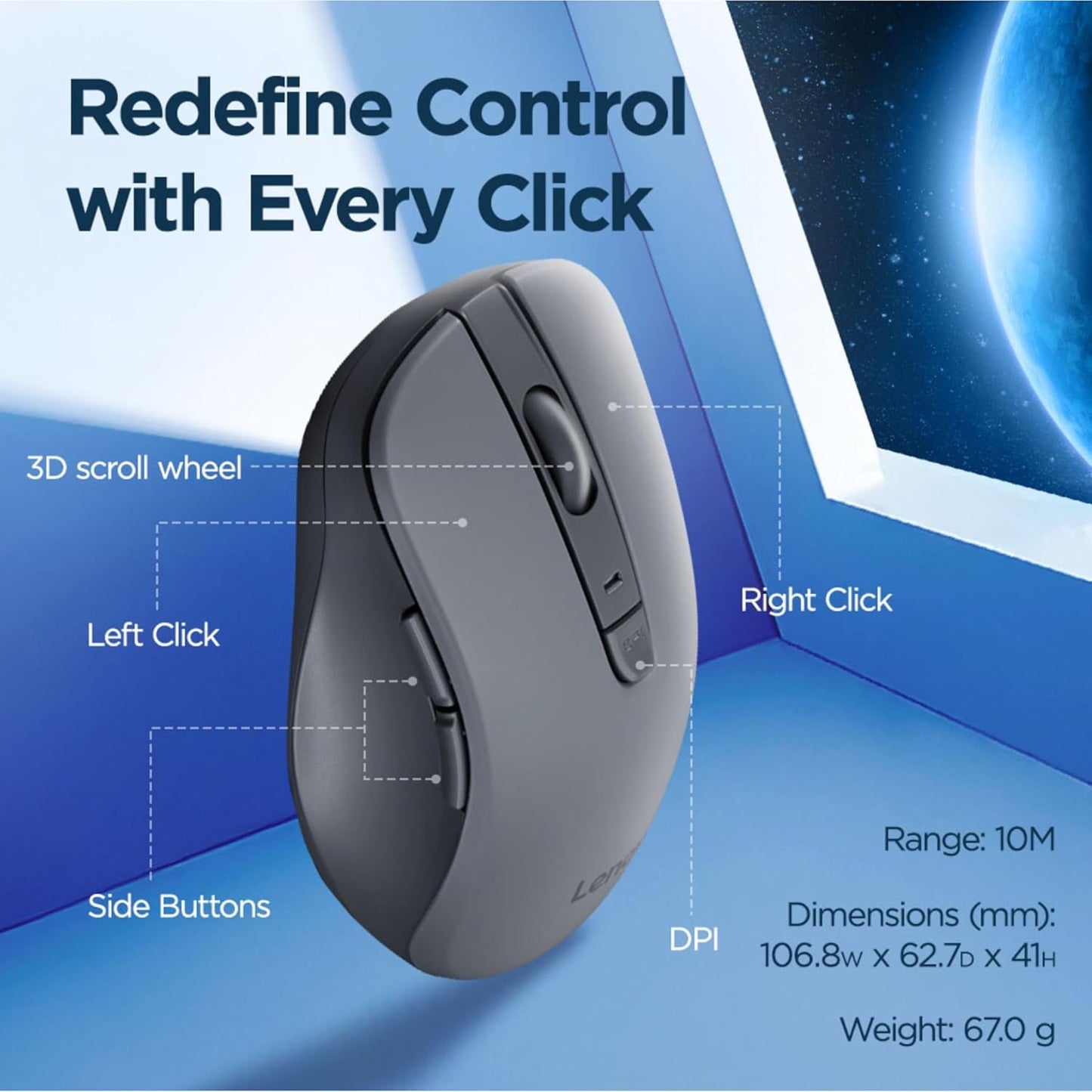 Lenovo WL310 5.0, Bluetooth Silent Mouse, Ergonomic, Adjustable DPI, Silent Clicks, Bluetooth Portable for Windows