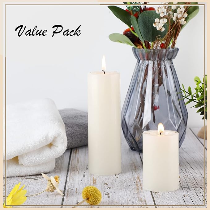 Nuogo 12 pcs Ivory Pillar Candles Dripless Unscented Candles Paraffin Wax Tall Tapers for Wedding Spa Birthday Holiday Bath Party Restaurant Home