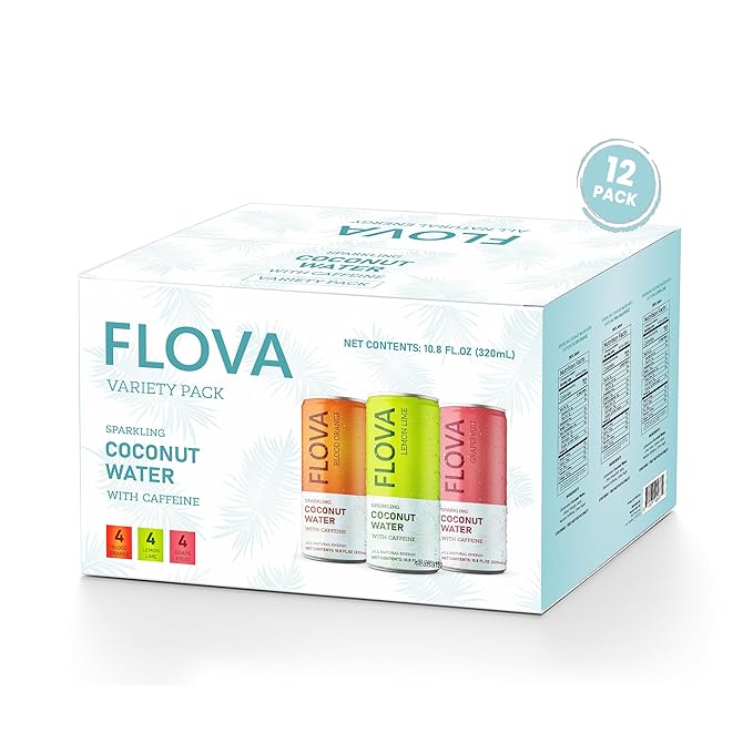Flova Energy Drink, All Natural, Electrolytes and Minerals from Coconut Water, 4 Simple Easy to Pronounce Ingredients, 99% Juice, Assorted Pack of 12 Cans