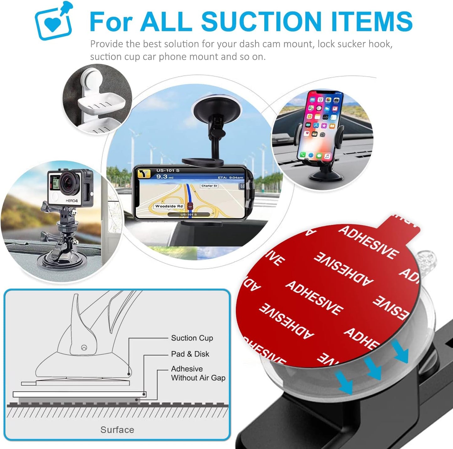 AZXYI 6 80mm(3.15 inches) PCS Windshield Mount Adhesives for Suction Cup Mount, Circle Double-Sided Sticker Pads