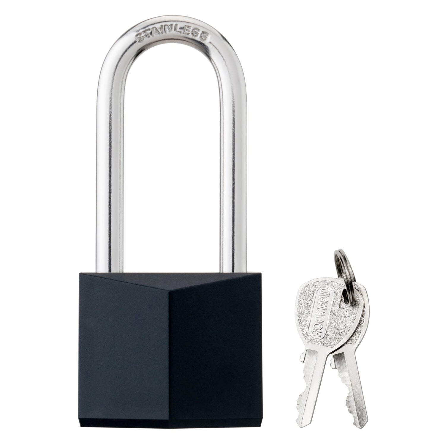 ROOKMAD 4-Pack Keyed Alike Locks, Black Covered Brass Keyed Padlock with Stainless Steel Long Shackle, 1-9/16 Inch Lock Body, Rustproof Locks for Gate Fence Hasp Cabinet Toolbox Gym or School Locker