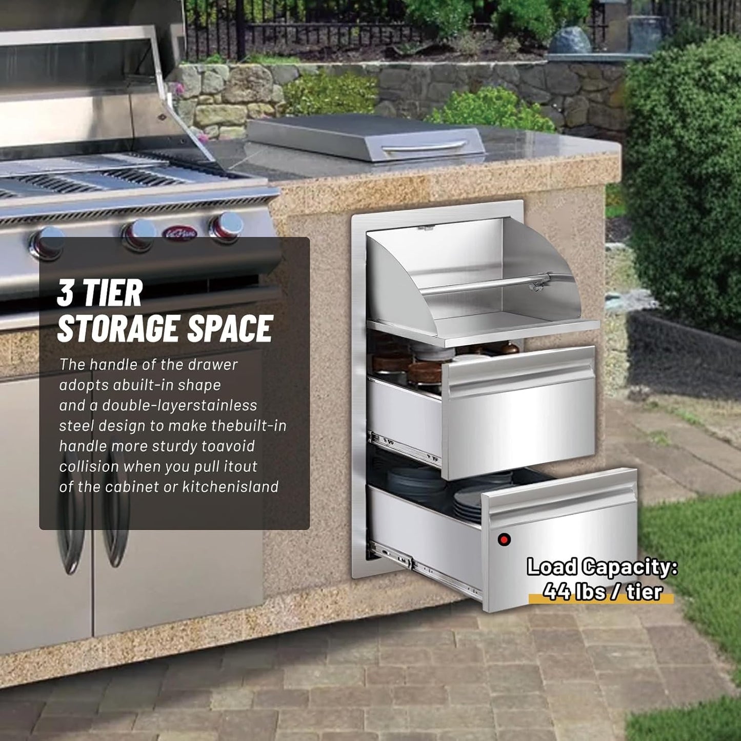 yuxiangBBQ Outdoor Kitchen Drawer, Stainless Steel Tilting Paper Towel Holder Drawer Plus Double Drawers Combination, 17W 30H 21D Double Wall Outdoor Kitchen Drawers