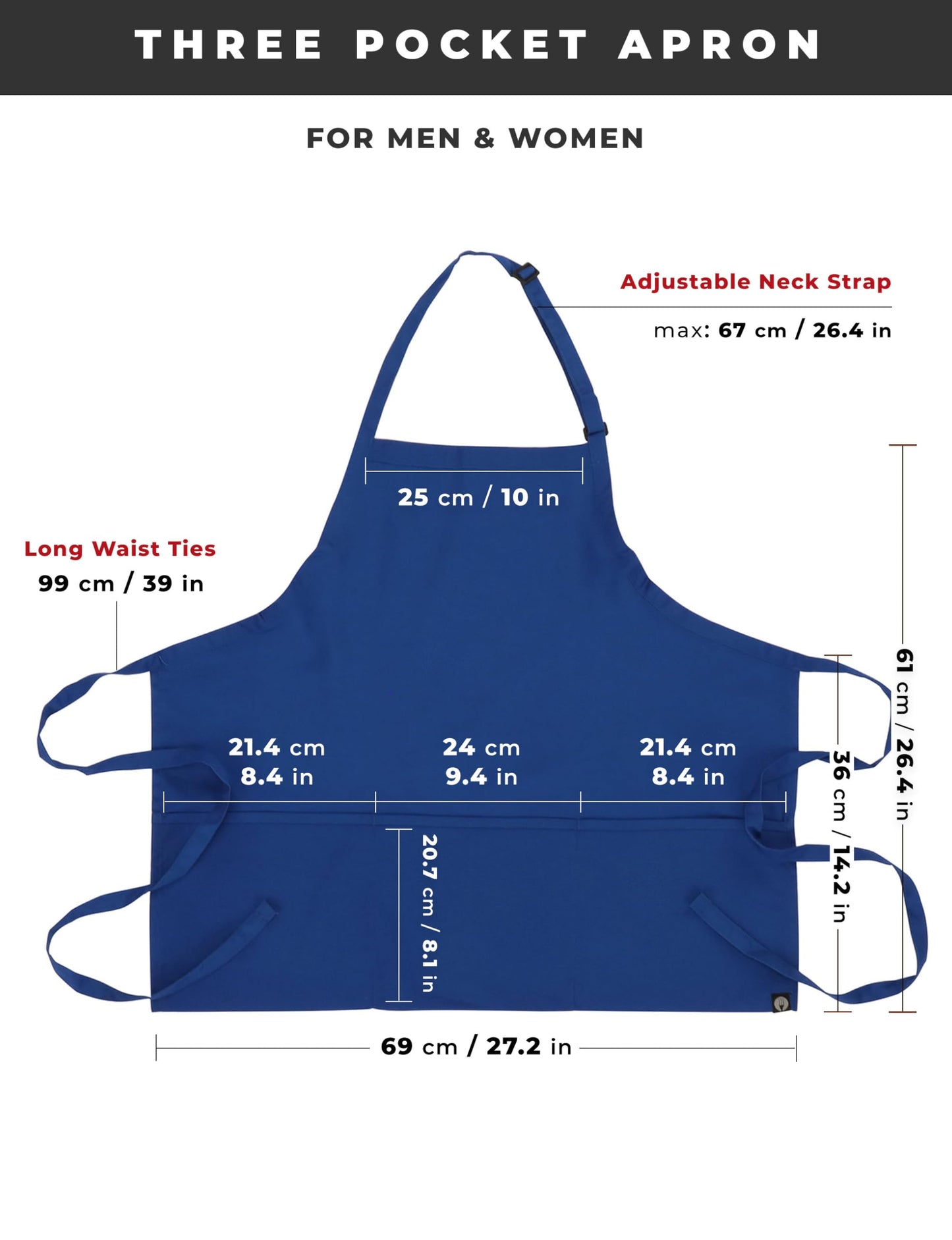 Chef Works Unisex Three Pocket Apron, Royal, One Size