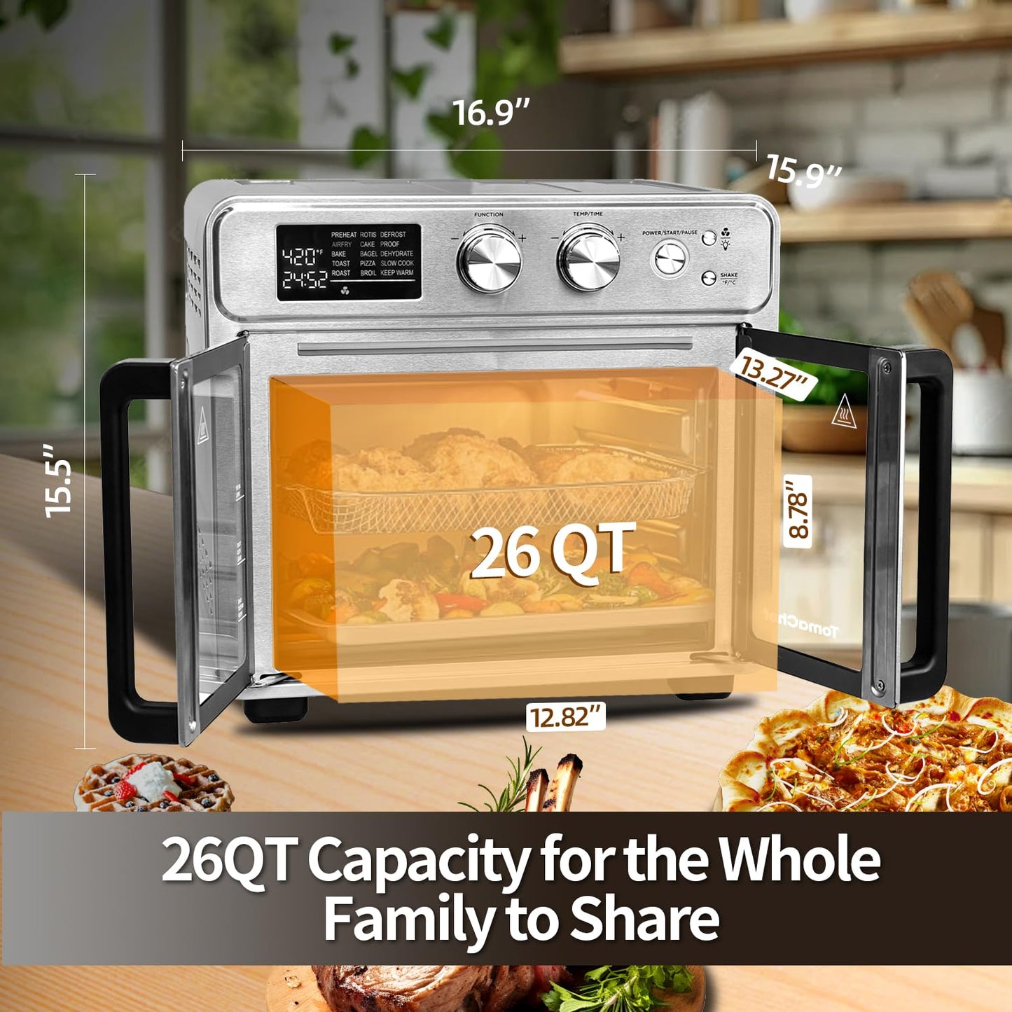 TomaChef 26QT French Door Air Fryer Toaster Oven Combo, 15 Cooking Functions including Rotisserie, and Digital Controls, 30 Recipes & 5 Accessories, Stainless Steel Finish