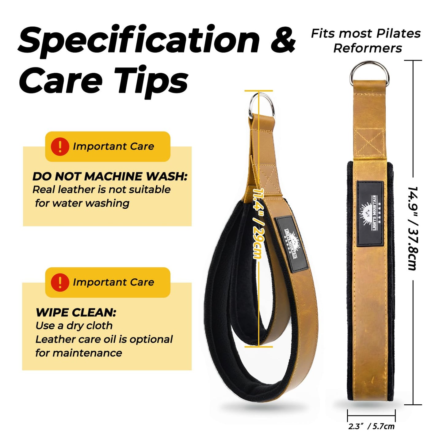 Lights Mountain Leather Pilates Double Loop D-Ring Straps - Soft Fleece Lined for Reformer, Dual Loops for Hands & Legs, Home & Studio Gym Accessories