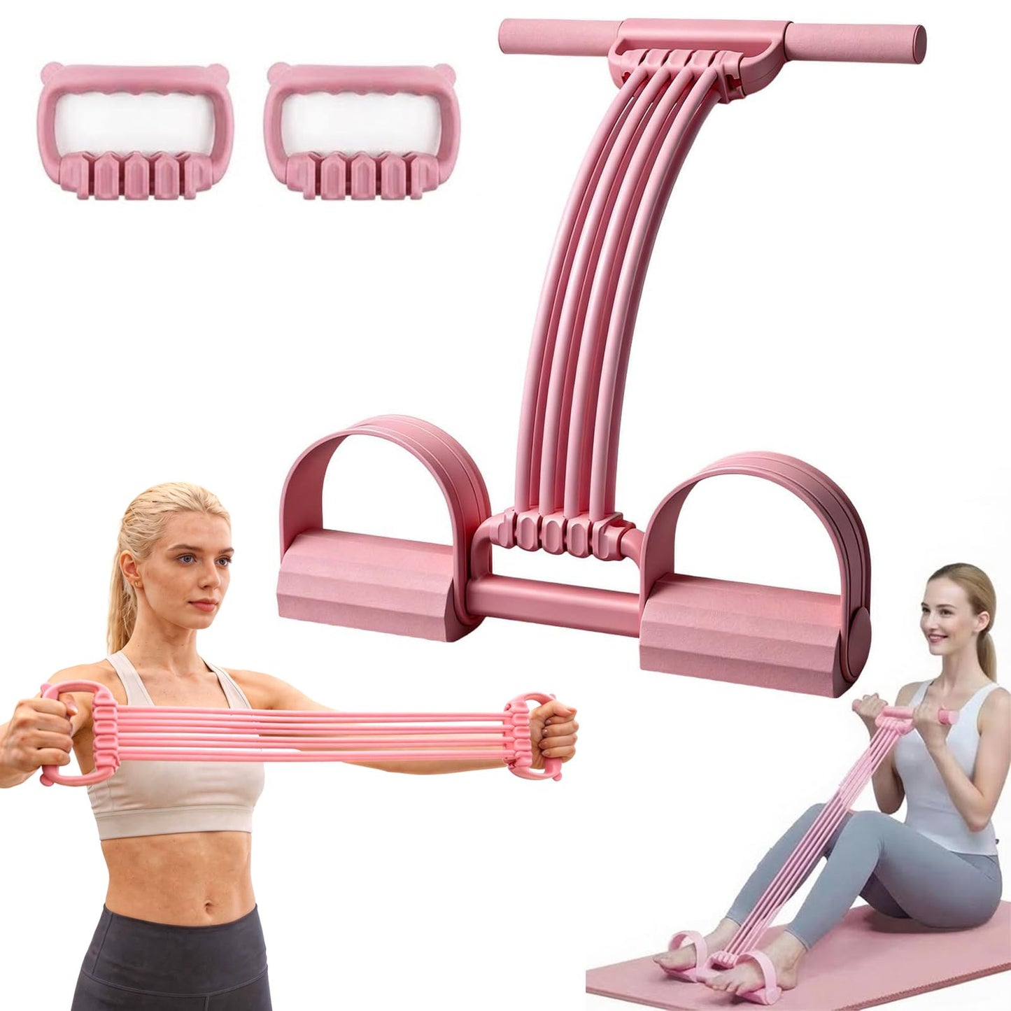 3 in 1 Adjustable Pedal Resistance Band, 8-Tube Multifunction Tension Rope, Natural Latex sit-up Trainer Resistance Band Suitable for Fat Loss and Full-Body Shaping Workout (8-Tube Pink)