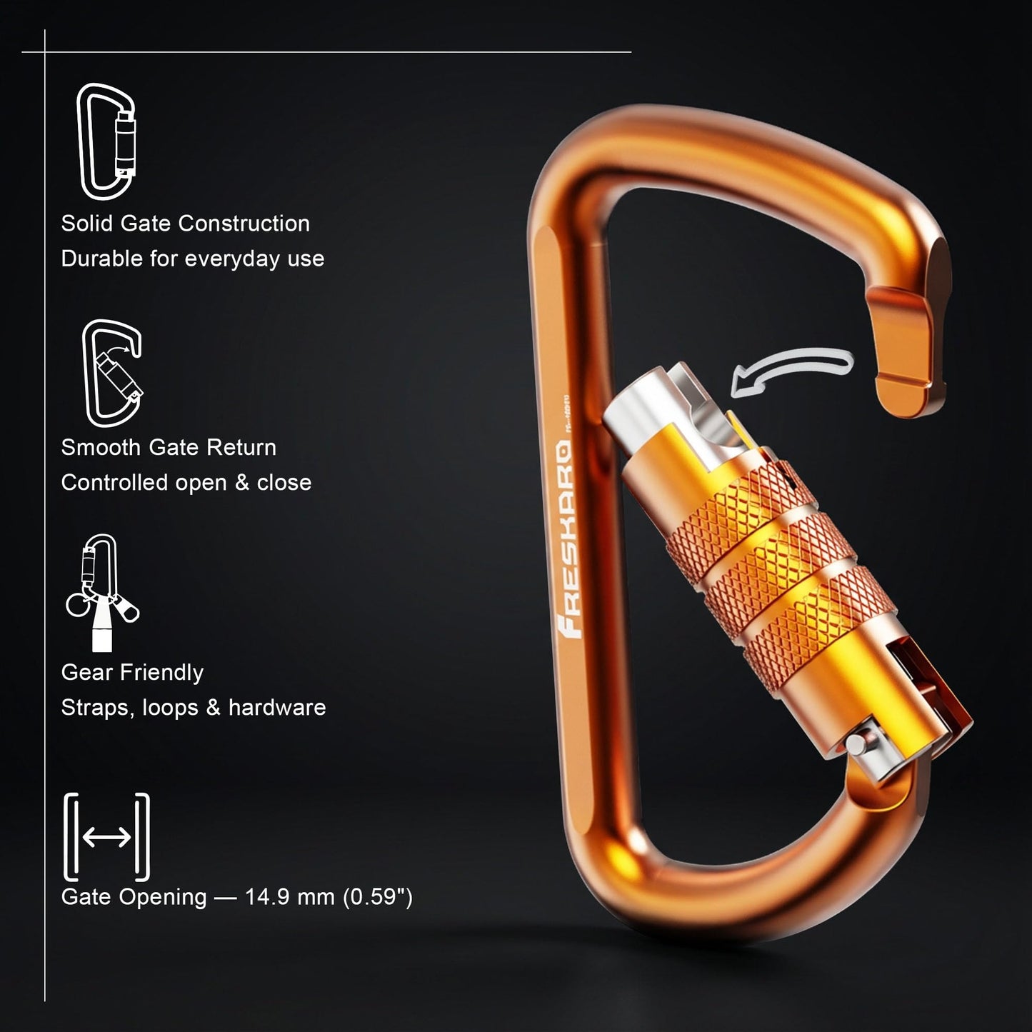 FresKaro 3inch Auto Locking Carabiner Clips, Solid D Shape Style, Heavy Duty Keychain Aluminum Carabiner - Holds a Maximum of 2698lbs, Lightweight 1.09oz, for Hammock, Hiking, Dog Leash, 3pack, Orange