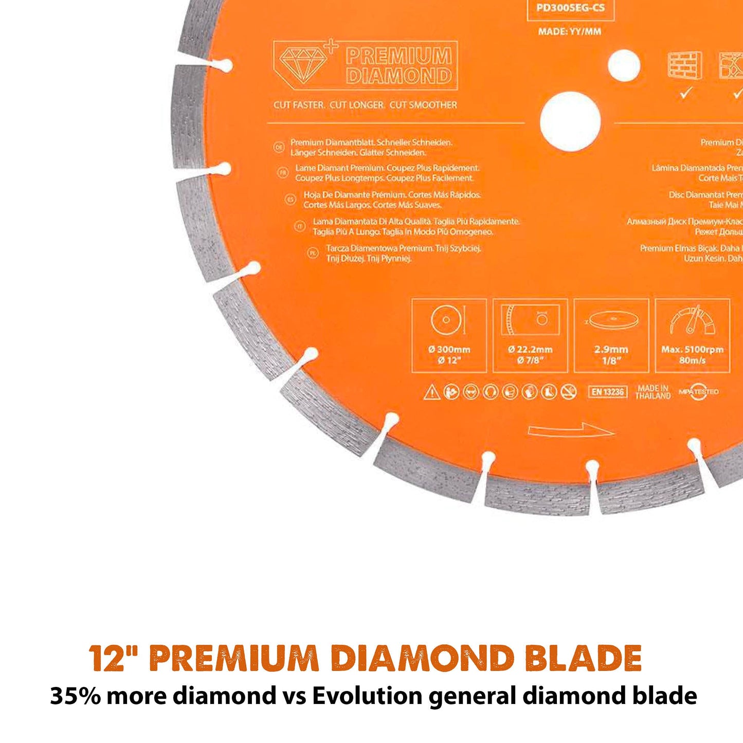 Evolution - 12 in Concrete Saw - 15A Motor, No Gas - 4-1/2 in Cut - Incl Premium Diamond Blade & 12 Inch Premium Diamond Blade With Segmented Edge and High Diamond Concentration, 1 In Bore