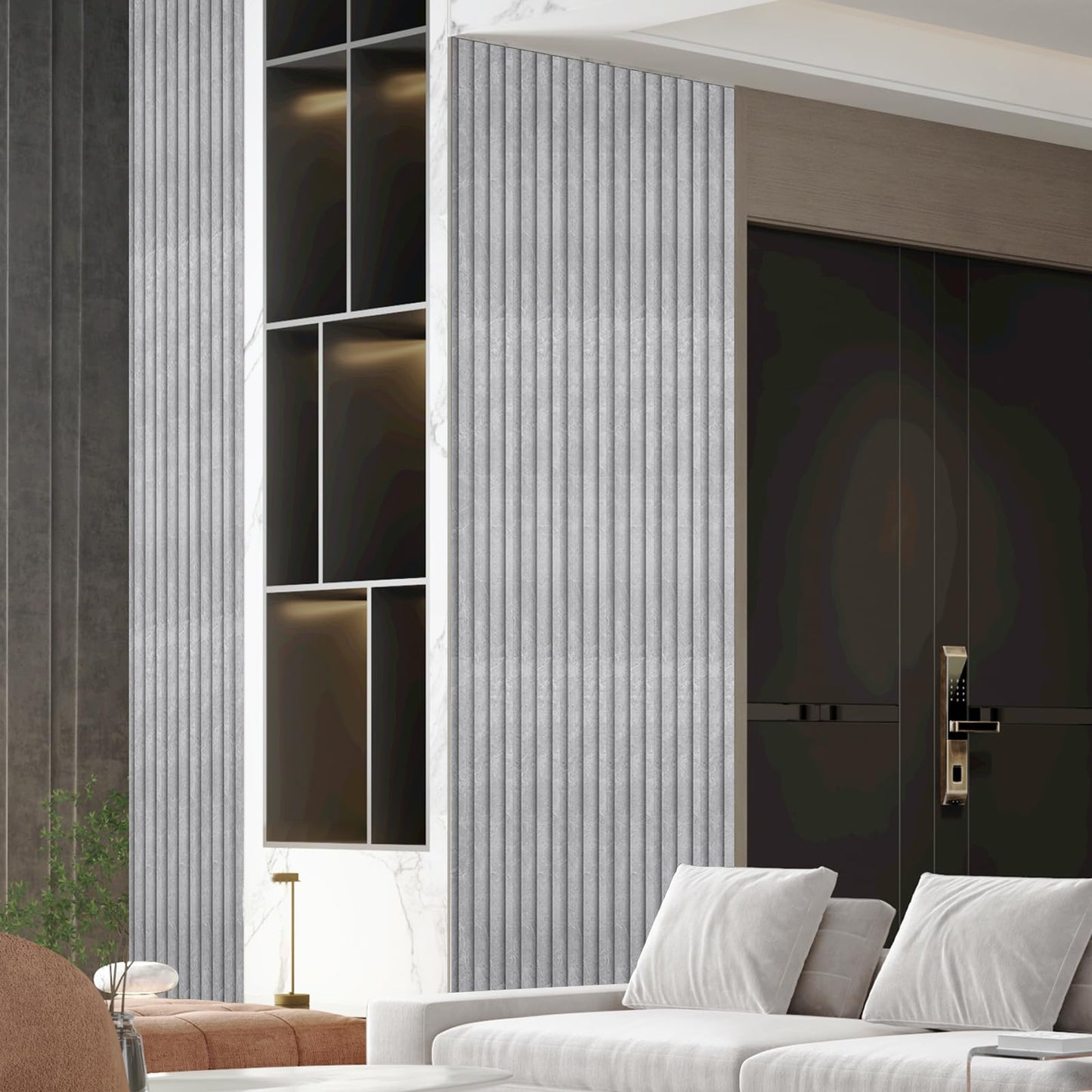 OUZUGIE WPC Acoustic Slat Wall Paneling, 8-Pack 114 x 6 Inches 3D Wall Panels for Interior Wall Decor,Living Room,TV Background,Study Room,Office Spaces,Bedroom,High Grille (Gray Marble)