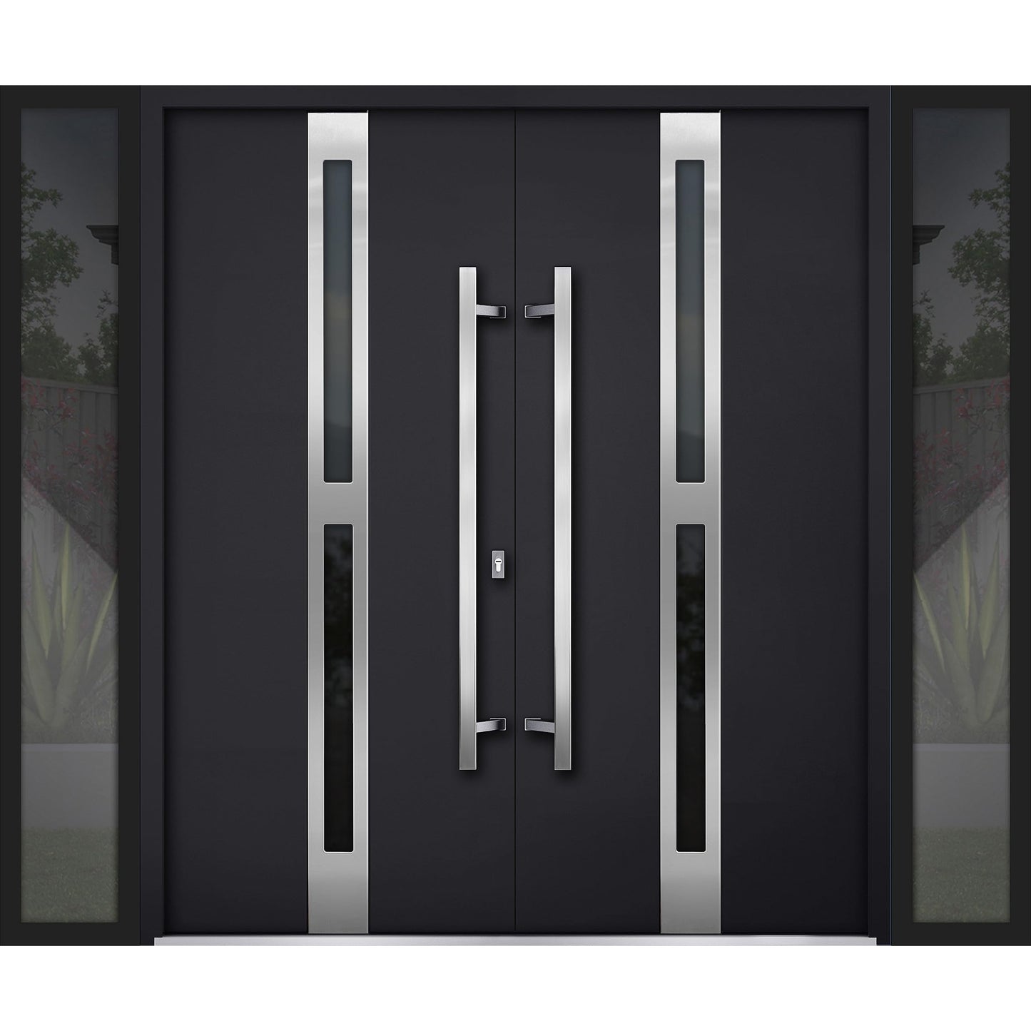 VDOMDOORS Front Exterior Prehung Metal Double Doors/Deux 1755 Black Enamel Tinted Black Glass / 2 Sidelites Exterior Windows/Entry Modern Painted Left Inswing Active Door 104" x 80"