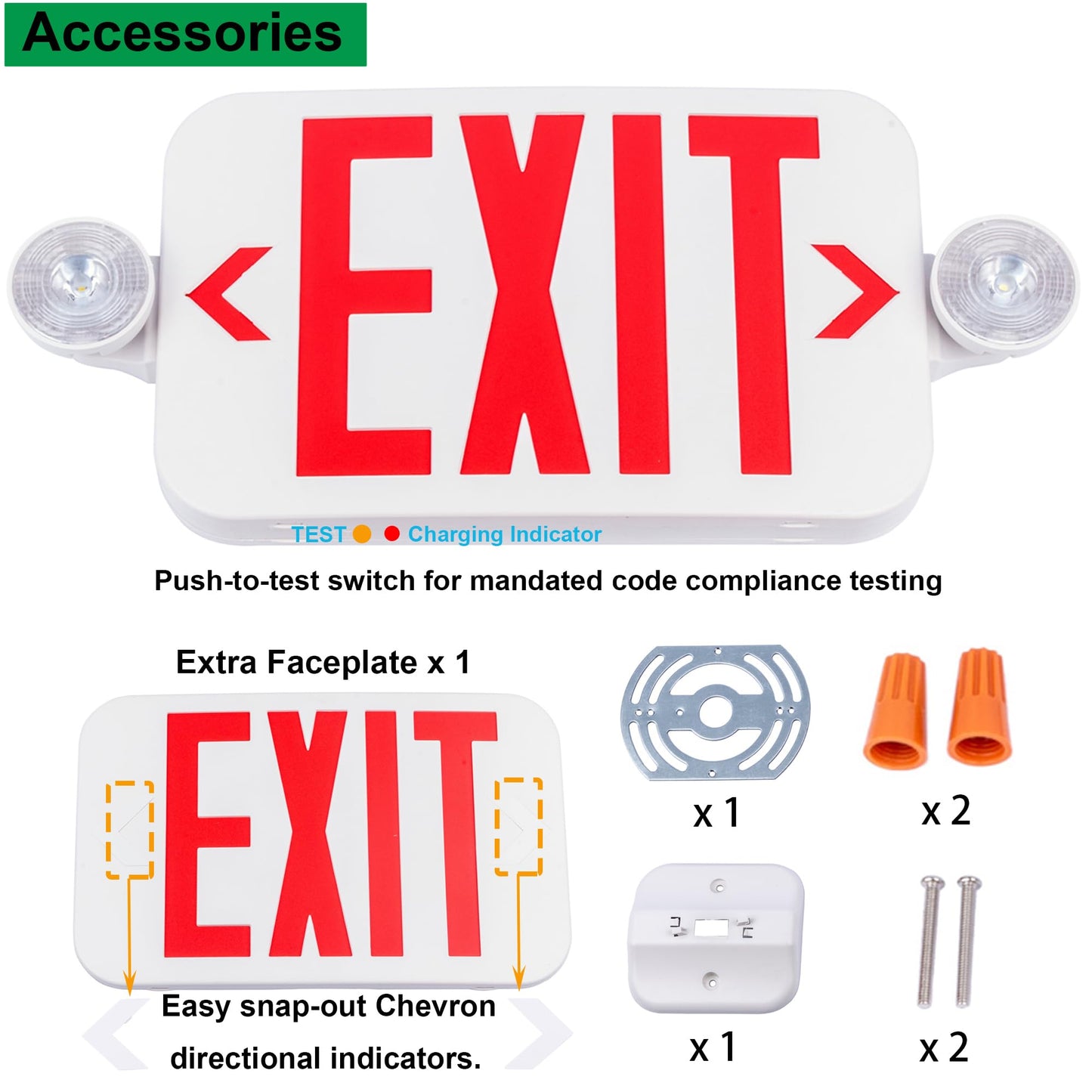 LIT-PaTH LED Combo EXIT Sign with 2 Adjustable Head Lights and Double Face, Back Up Batteries- US Standard Red Letter Emergency Exit Lighting, UL 924 and CEC Qualified, 120-277 Voltage, 2-Pack