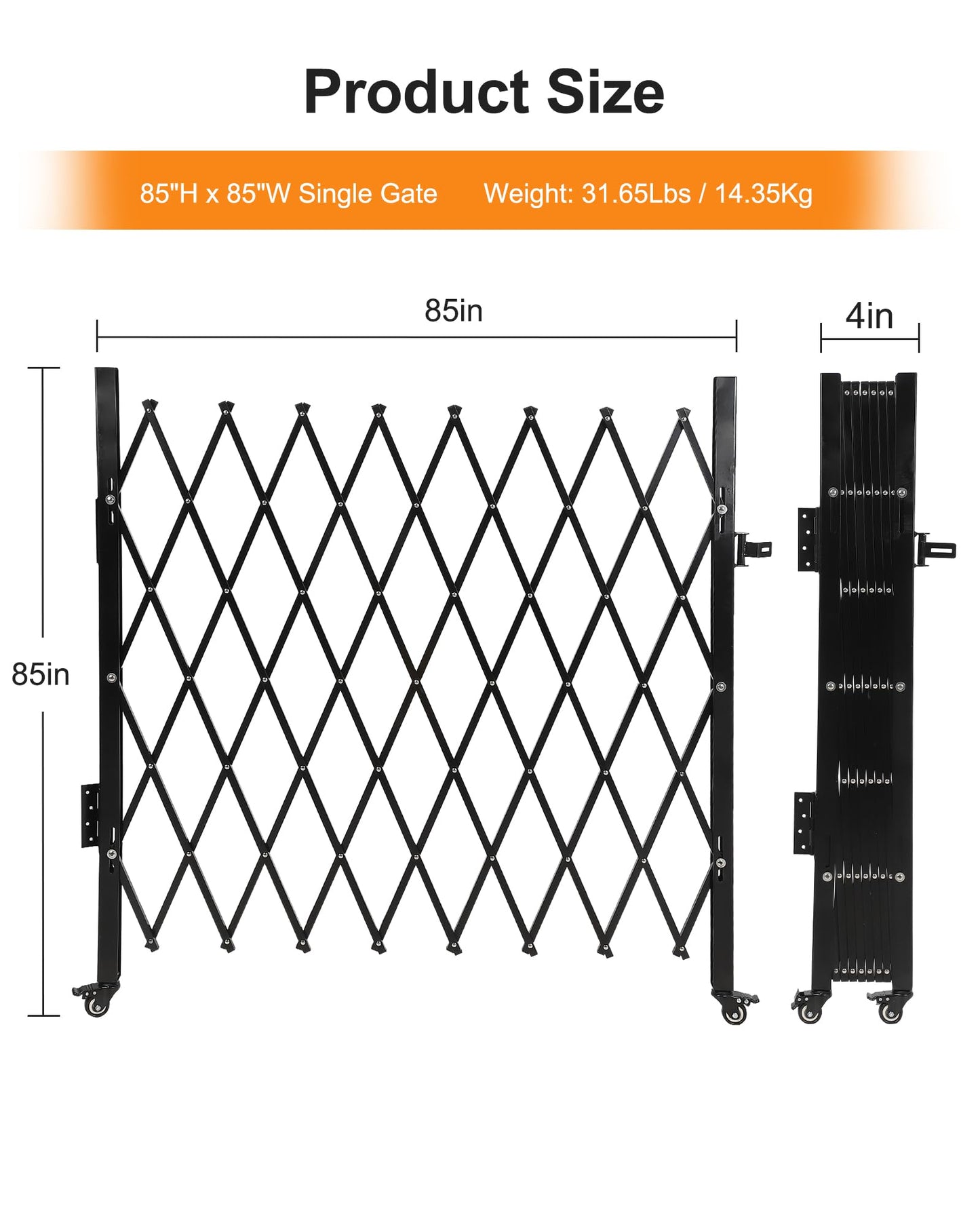 Single Folding Security Gate, 85" H x 85" W Flexible Expanding Security Gate, Folding Driveway Door Gate, Aluminum Security Gate, 360°Rolling Barricade Gate, Scissor Gate or Door, Black
