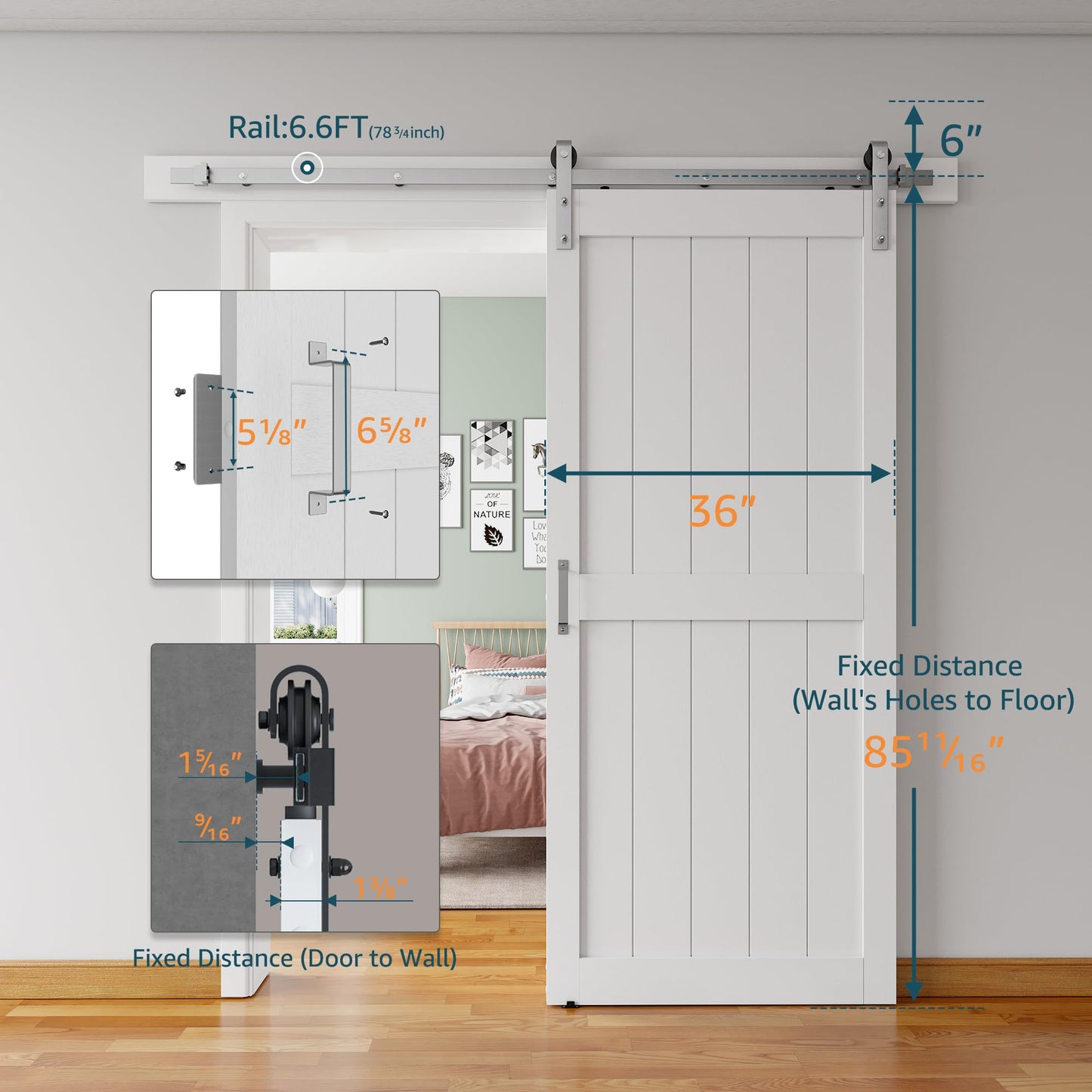ALAMEDADT 36''x84'' Sliding Barn Door with 6.6 Ft Brushed Nickel Hardware Kit& Handle& Floor Guides,Pre-Drilled Holes Easy Assembly - Include Installation Manual, Water-Proof PVC Surface, H-Frame