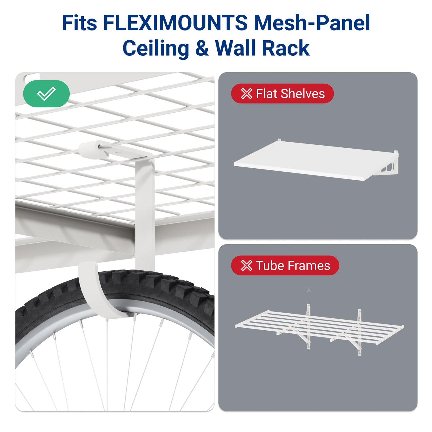 FLEXIMOUNTS 4 Pack Add On Storage Flat Hook Accessory for Garage Ceiling Rack and Wall Shelving, Max Weight Capacity up to 50lbs, White