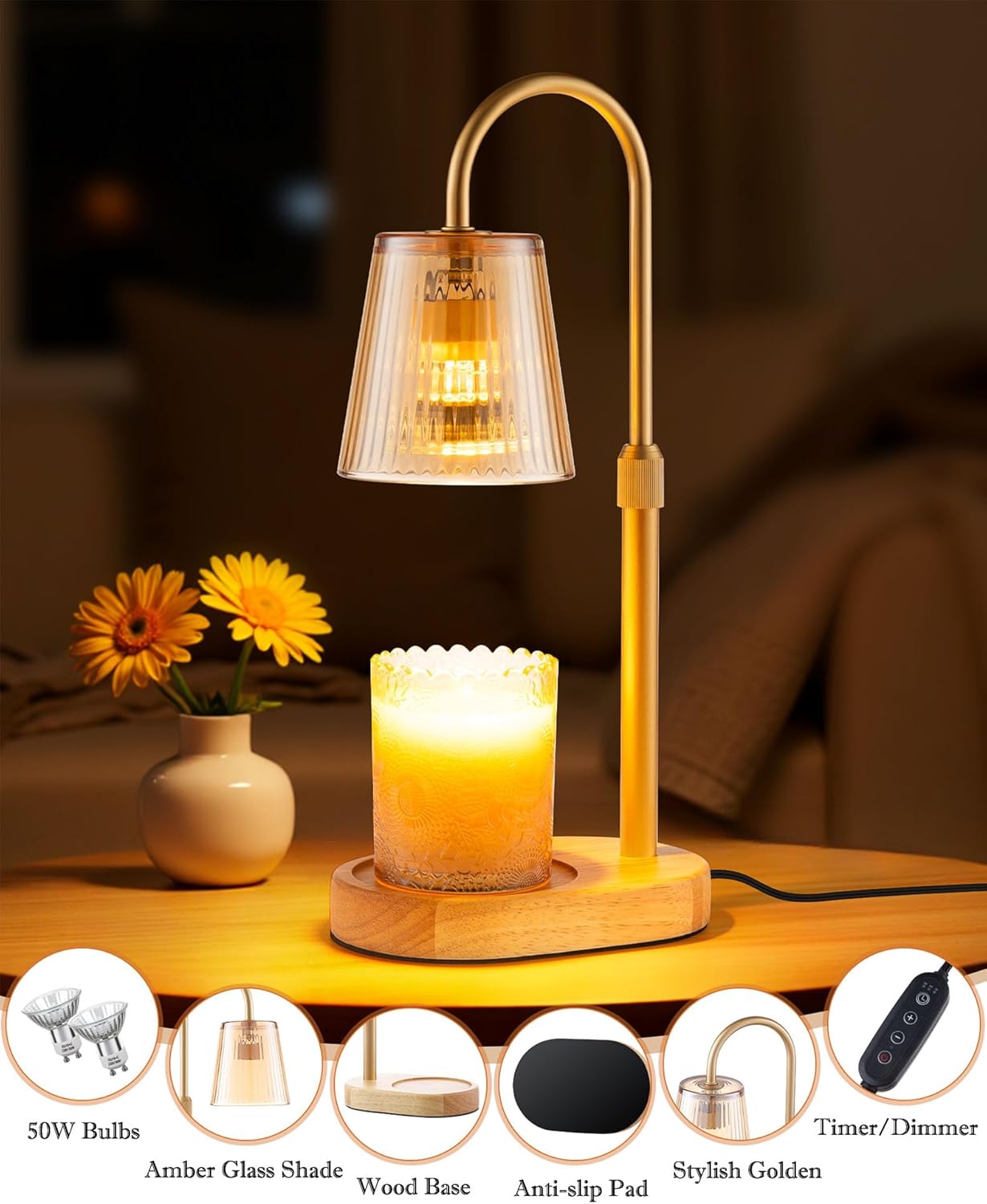 Skiennix Adjustable Candle Warmer Lamp - Dimmable Electric Wax Melter with Timer | Perfect for Small Jar Candles, Modern Home Decor