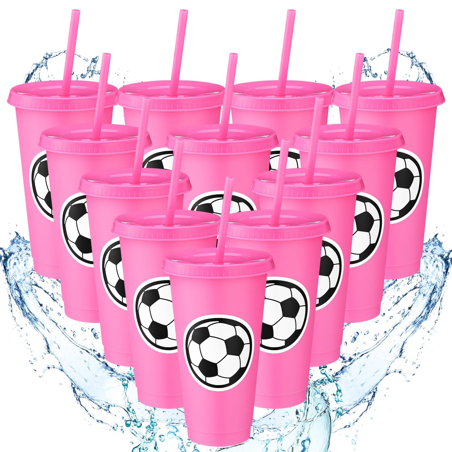 Domensi 12 Pcs Sport Soccer Plastic Cups with Lid and Straw 24 oz Reusable Plastic Cups Coffee Tumblers Gift for Fan Friend Guest Birthday Office Sport Party Supplies (Pink)