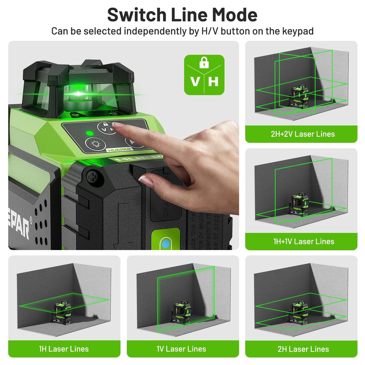 Huepar 4 x 360 Laser Level Self-leveling 4D Green Beam Cross Line 16 Lines Tiling Floor Laser Tool - 2 x 360 Horizontal/Vertical Laser Lines -rechargeable & Integrated Magnetic Bracket 704CG