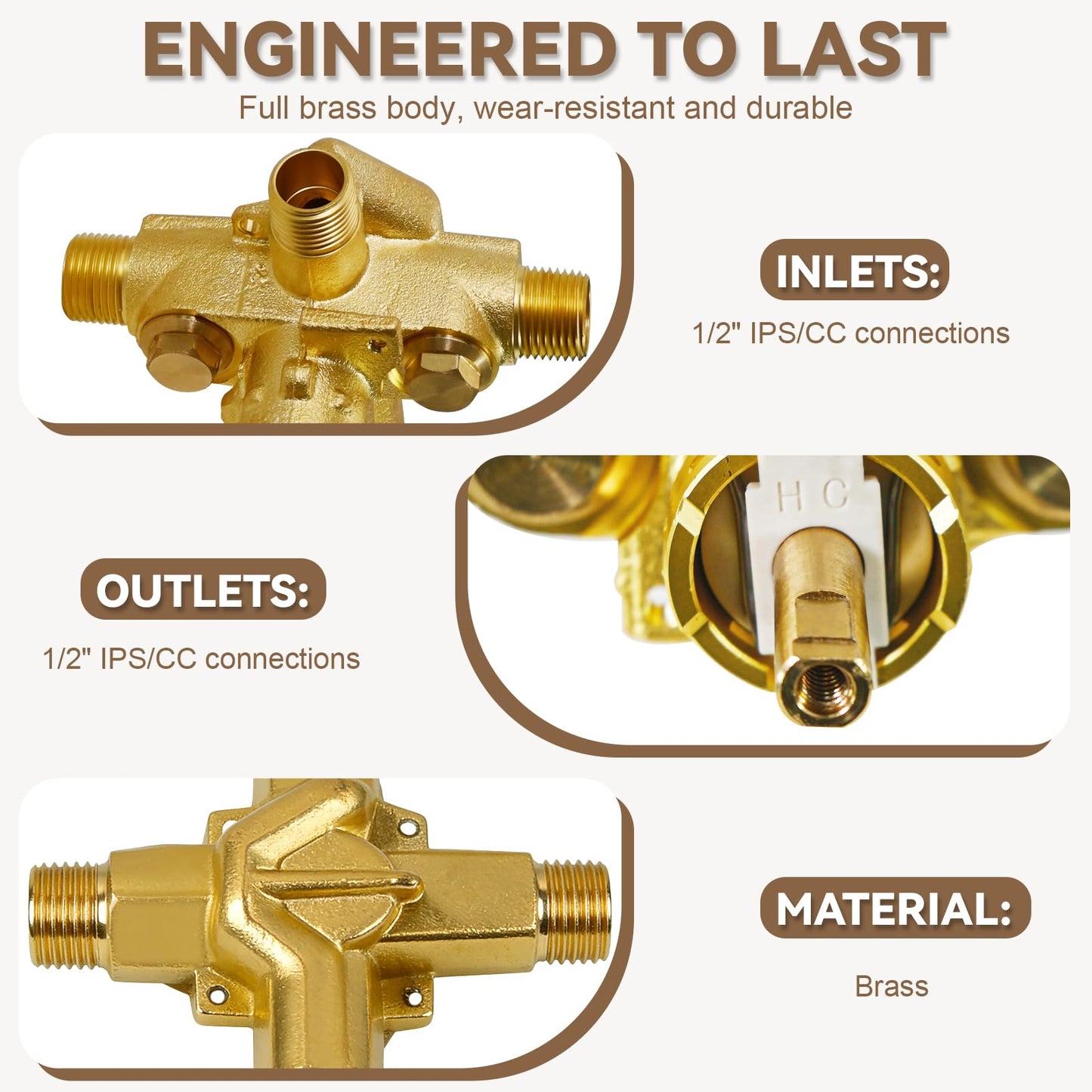 2551 Pressure Balancing Valve, Shower Diverter with Built-In 3-Function Transfer, Compatible with Posi-Temp Trim Valve, 1/2” CC/IPS Connections, Brass 4-Port for Bathtub and Shower