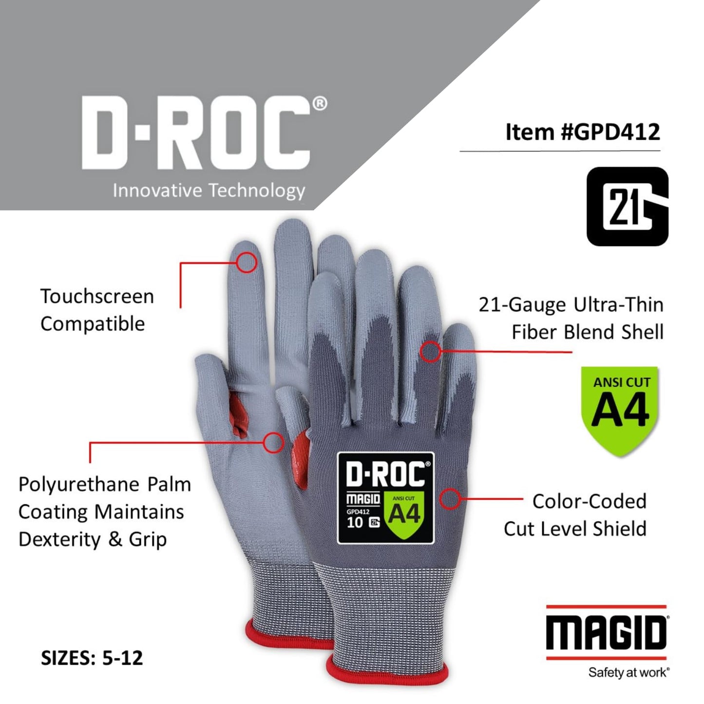 MAGID ROC 21G Ultra-Thin Polyurethane ANSI A4 Coated Work Glove, 12 Pair, Size 9/L, GPD412