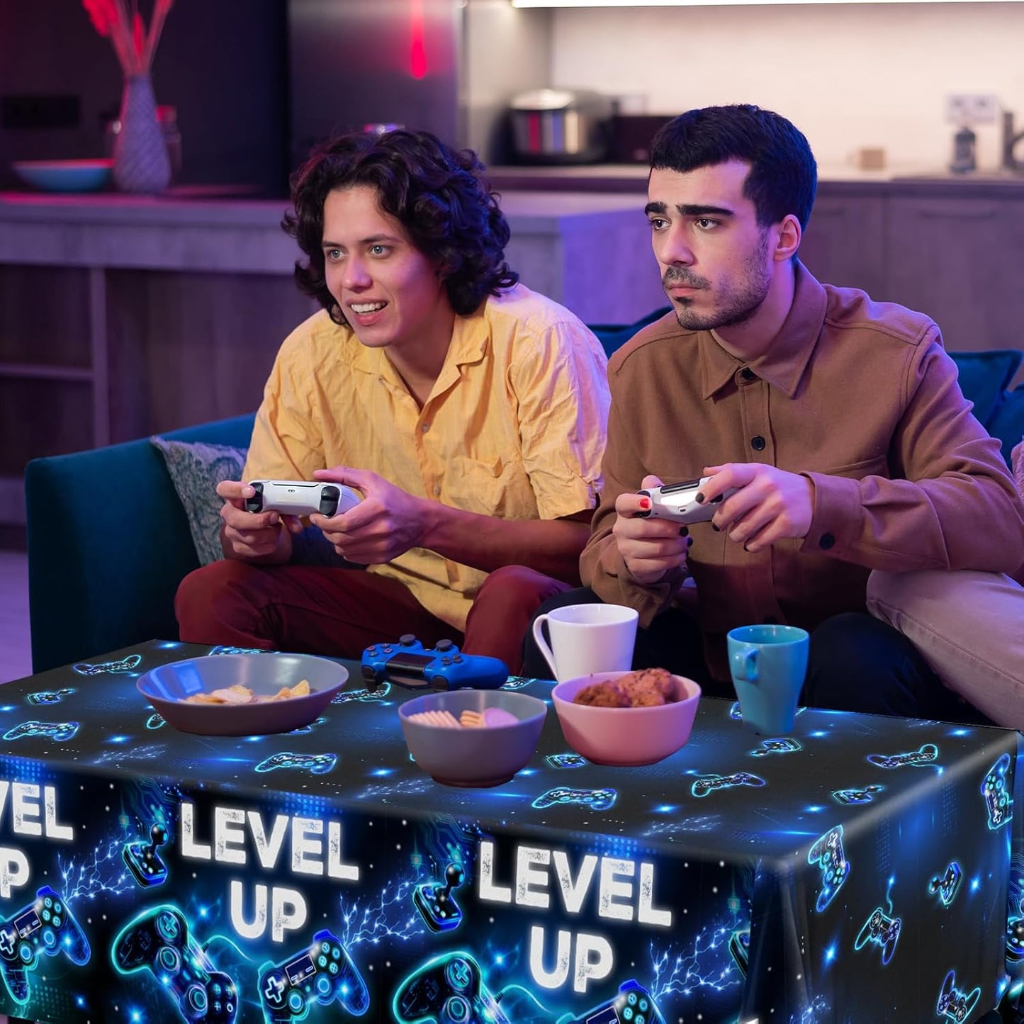Skiennix Video Game Tablecloth - Neon Gaming Design for Boys & Girls | 4-Pack Rectangle Party Decor