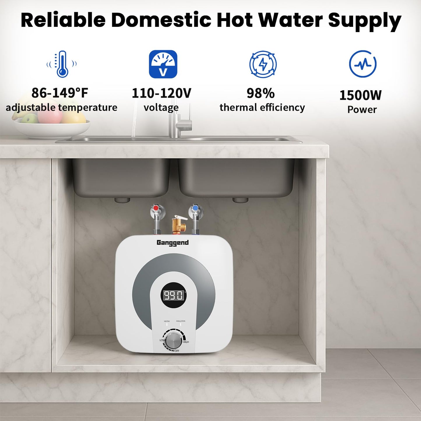 Ganggend 4 Gallon Under Sink Water Heater, 110V 1500W Electric Mini Tank Hot Water Heater with Digital Temp Display and Pressure Relief Valve, Compact for RV, Camper, Food Truck, Kitchen Sink, Laundry