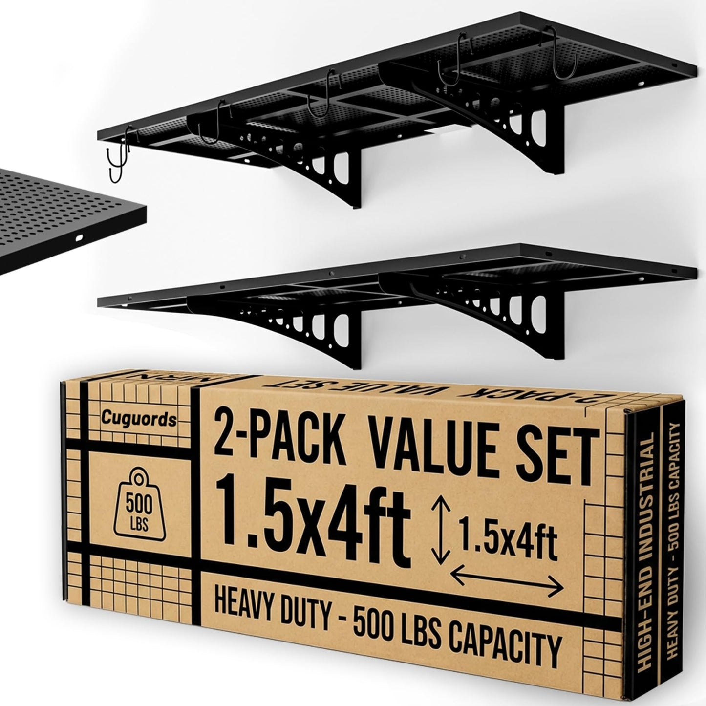 Cuguords 2-Pack 1.5x4ft Garage Wall Shelving, 500 Lbs Heavy Duty Garage Shelving Wall Mounted, Flat Metal Rack With Complete Install Kit & Hooks, Black