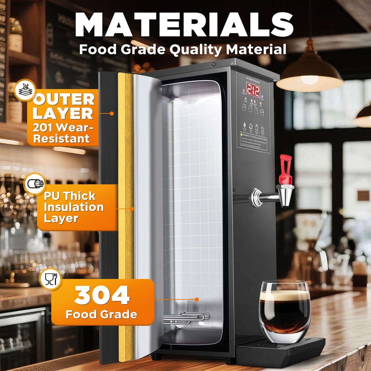 Commercial Hot Water Dispenser 30L/Hour Hot Water Boiler Countertop Auto-filling Water Hot Water Machine Step-heating 104-212°F Adjustable for Boba Tea Office Restaurant Hotel Black 1500W