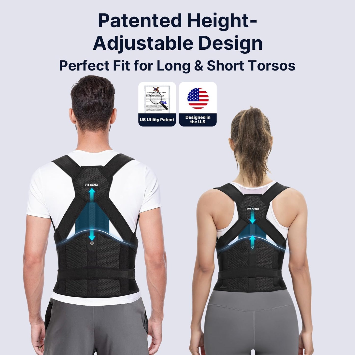 Fit Geno Posture Corrector for Women and Men HeightFit: Patented Height Adjustable Back Brace - Neck Shoulder & Full Back Pain Relief - Improve Posture Correct Hunchback Slouching Under Clothes (Large)