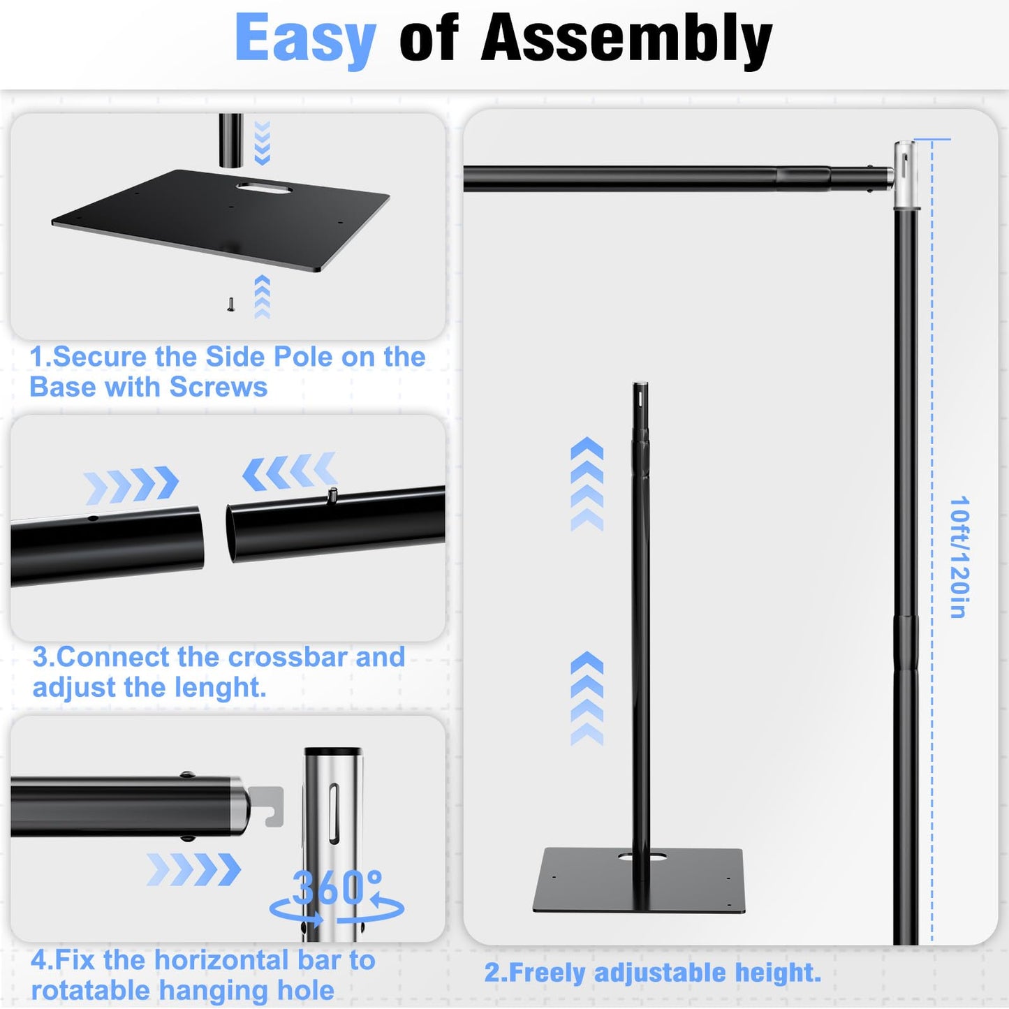 TOCRETOARE Pipe and Drape Backdrop Stand 10ft x 10ft, Adjustable Backdrop Stand Heavy Duty, Background Stand, Backdrop Stand for Parties, Photography, Birthday Decoration, Wedding
