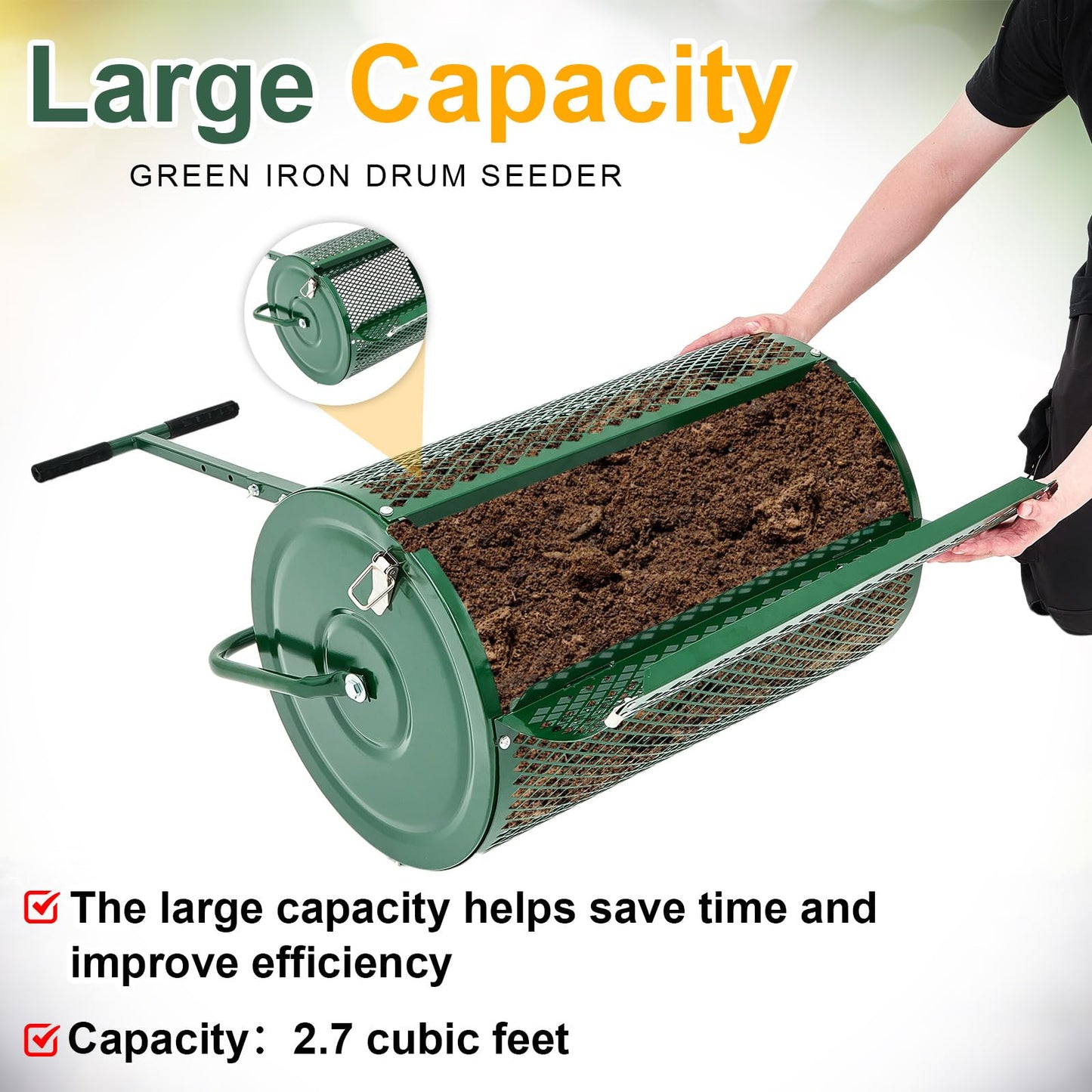 Hiboom 36 Inch Compost Spreader, Peat Moss Spreader, Manure Roller with Adjustable T Shaped Handle, Lightweight Metal Mesh for Lawn Garden Spreading Manure Topsoil (Green)