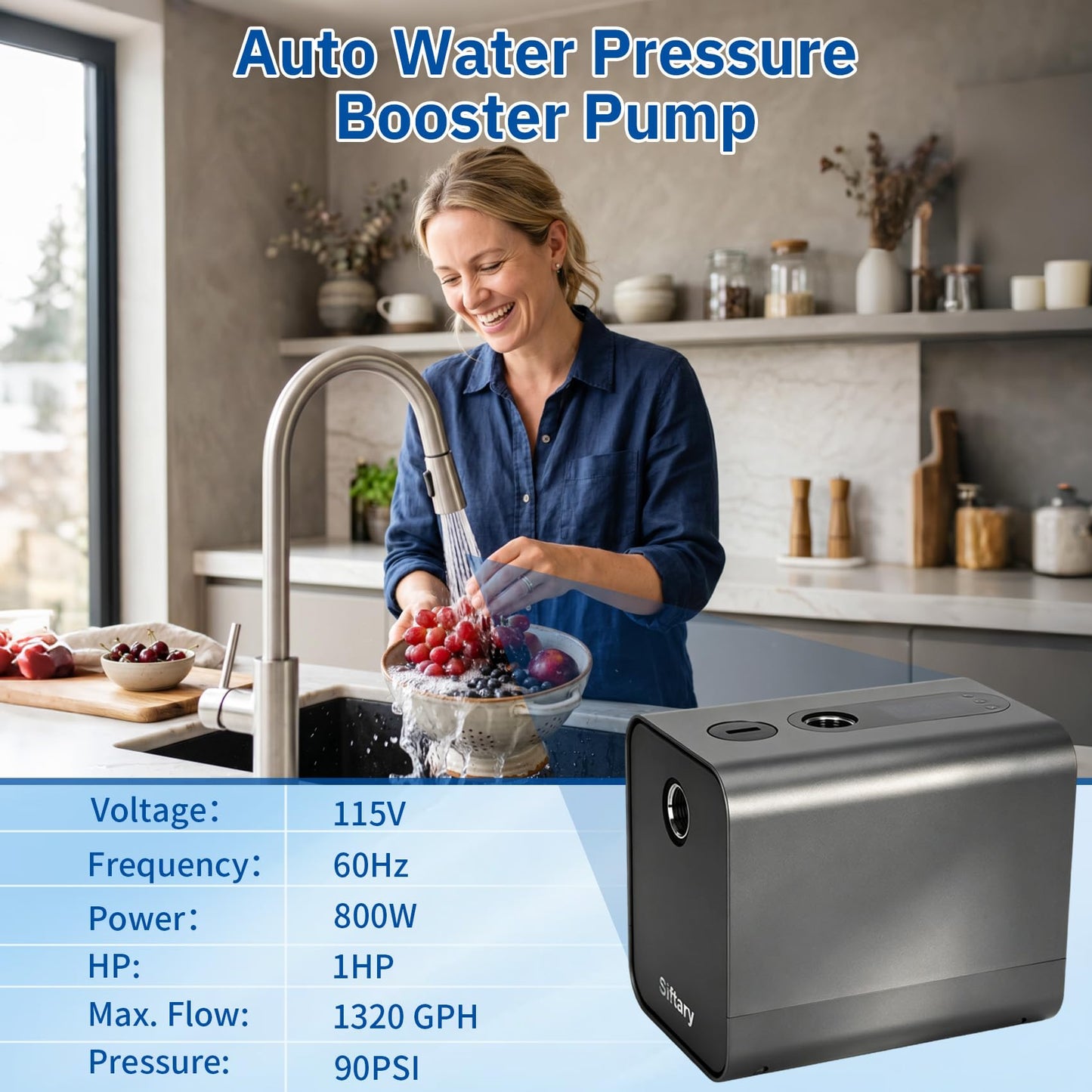 90 PSI Whole House Water Pressure Booster Pump, 1HP Self-Priming Constant Pressure Pump, 115V Permanent Magnet Motor, 1320 GPH High Flow for Home, Villa, Shower, Garden, Shallow Well System