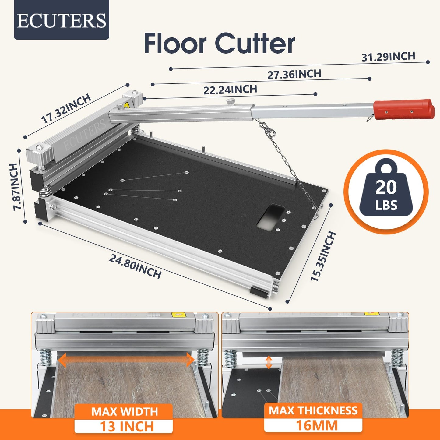 ECUTERS 13“ Laminate Floor Cutter with Wheels, Heavy Duty Vinyl Floor Plank Cutter, Adjustable Angle Length Cutting 17mm Thick LVP SPC WPC Engineered Wood