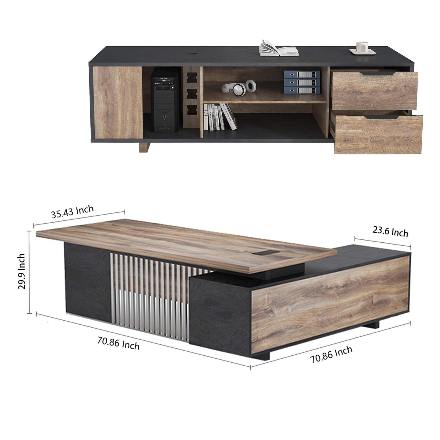 ONNAHOMEStlyle Executive Desk with Privacy Panel, Large Office Desk for Small Business, Computer Desk with Drawers & Storage Cabinets, Thick One-Piece Tabletop (Right Return, 70.86")
