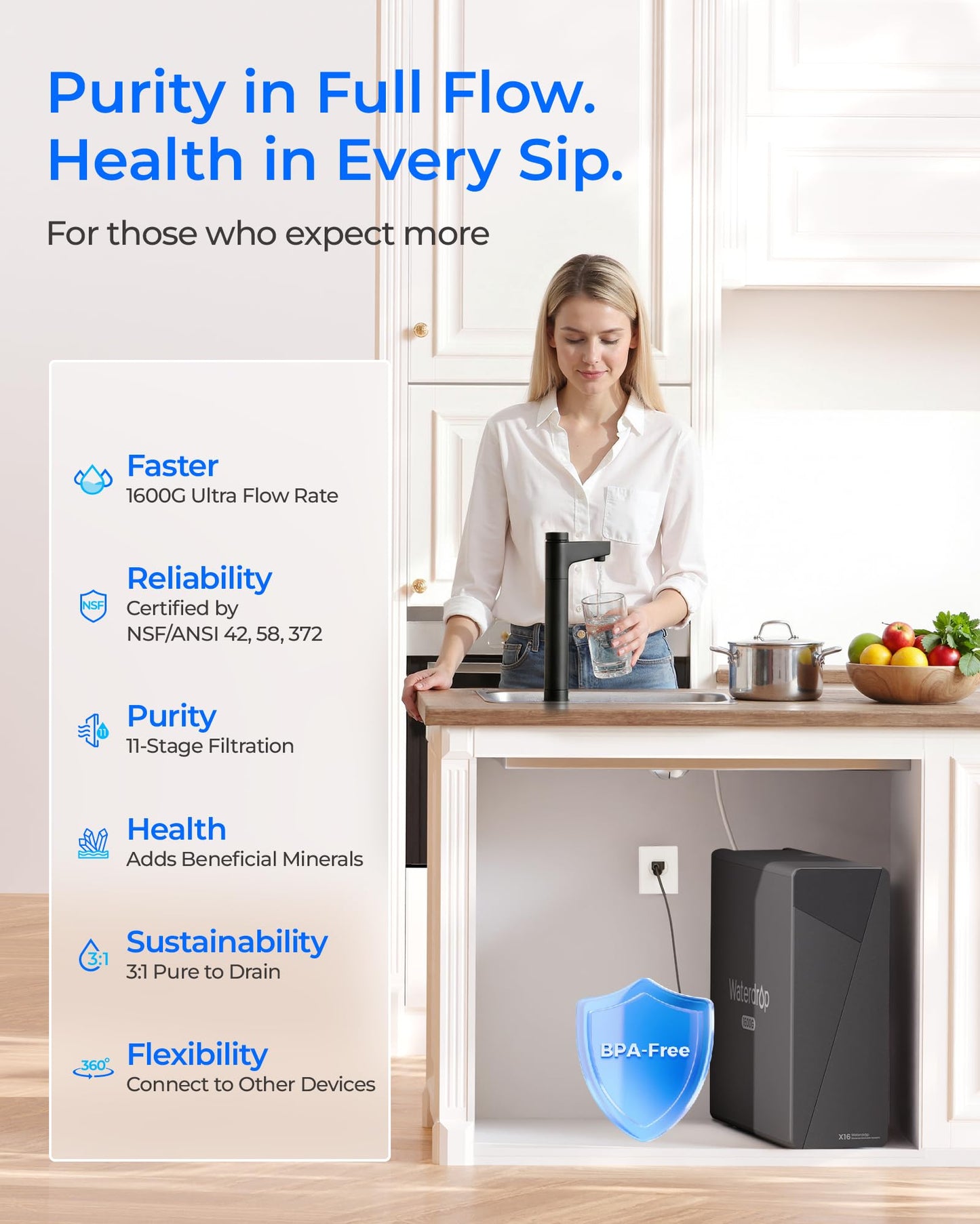 Waterdrop X16 Tankless Reverse Osmosis System, Alkaline Mineral, NSF/ANSI 42&58&372 Certified, 1600 GPD RO System, 11-Stage Filtration, UnderSink, 3:1 Pure to Drain, Smart Black Faucet, BPA Free